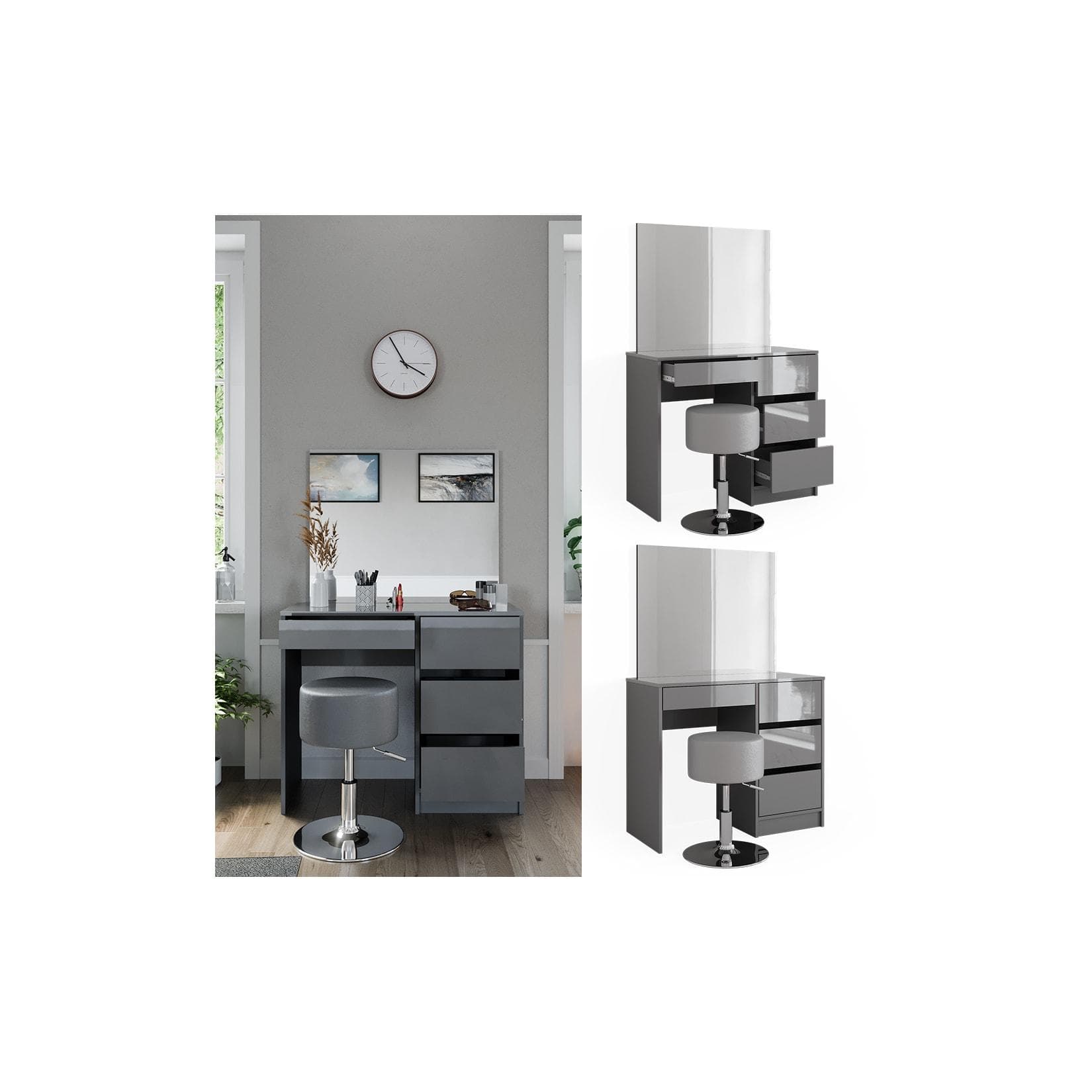 Vicco Schminktisch Sherry Grau Hochglanz mit Spiegel und Hocker