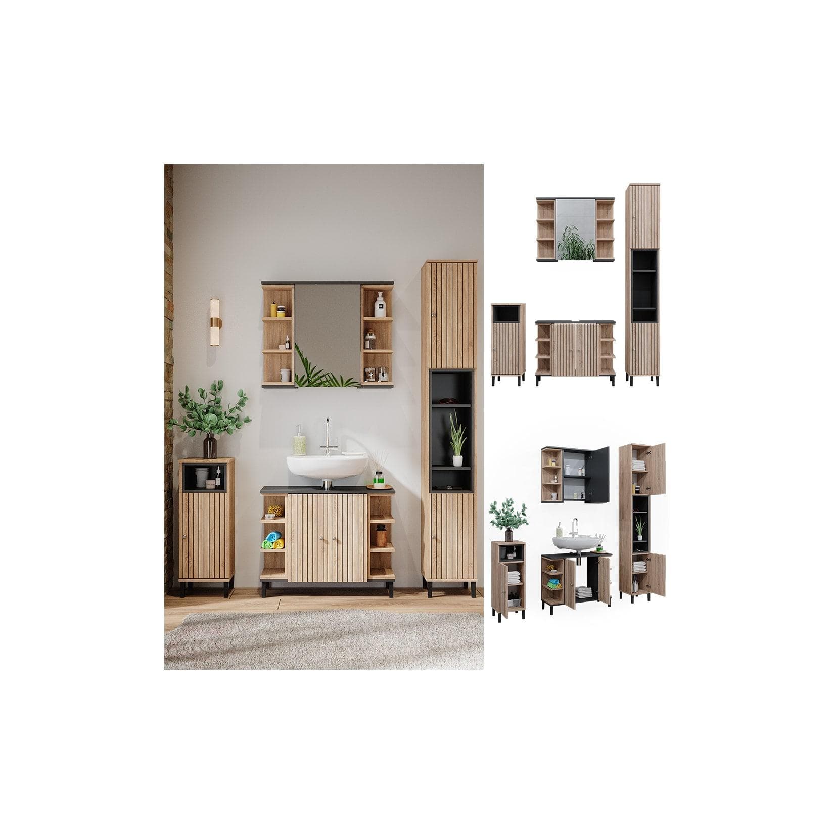 Vicco Badmöbel-Set Aquis Sonoma Anthrazit Modernes Bad-Set