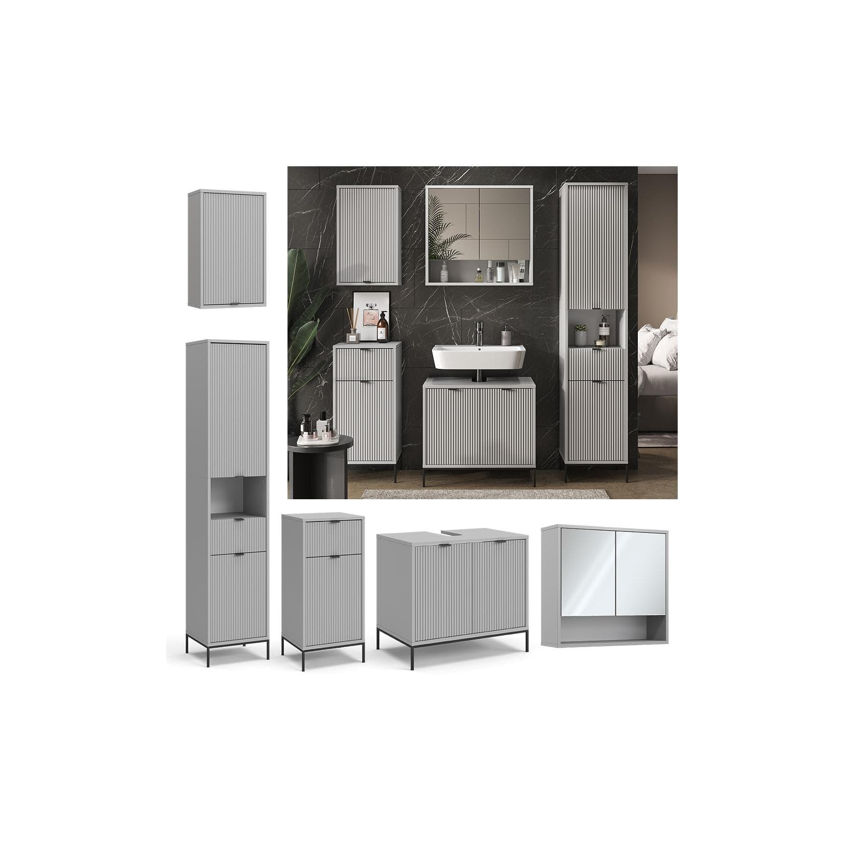 Vicco Badmöbel-Set Eliza Grau Modernes Badserie Set