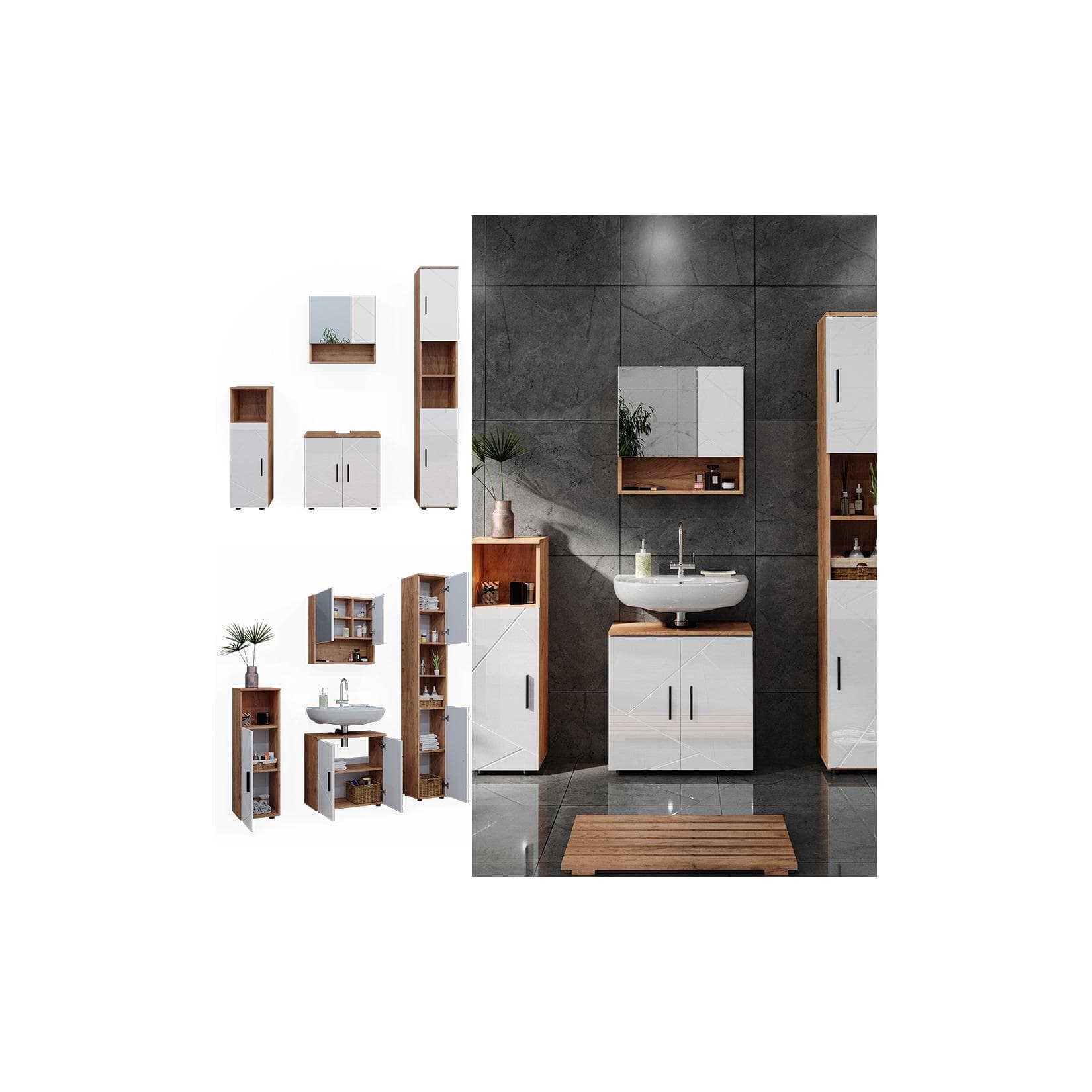 Vicco Badmöbel-Set Irma, Eiche/Weiß Hochglanz, 4 Teile, mit Hochschrank