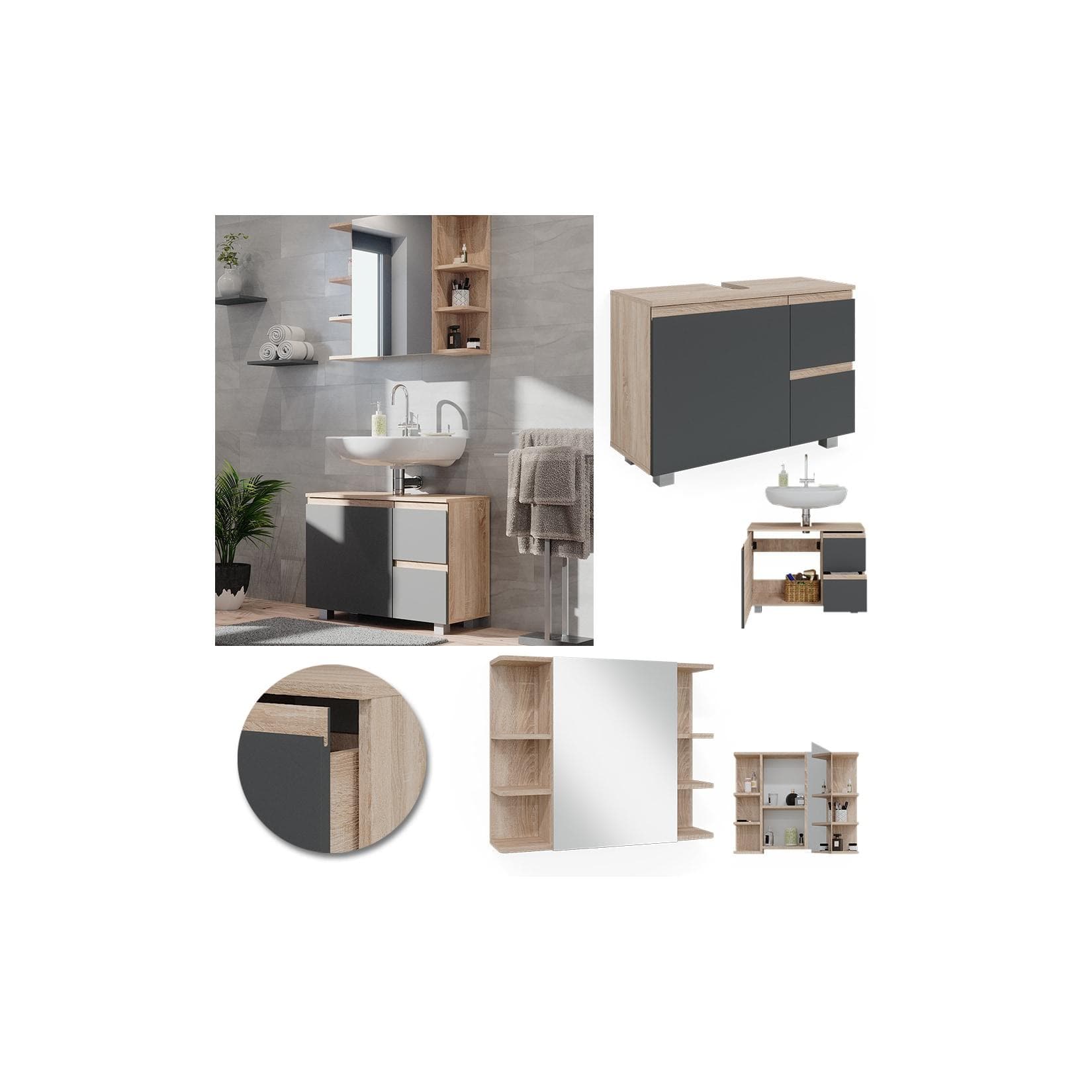 Anthrazit/Sonoma J-Shape Badmöbelset - 2 Teile