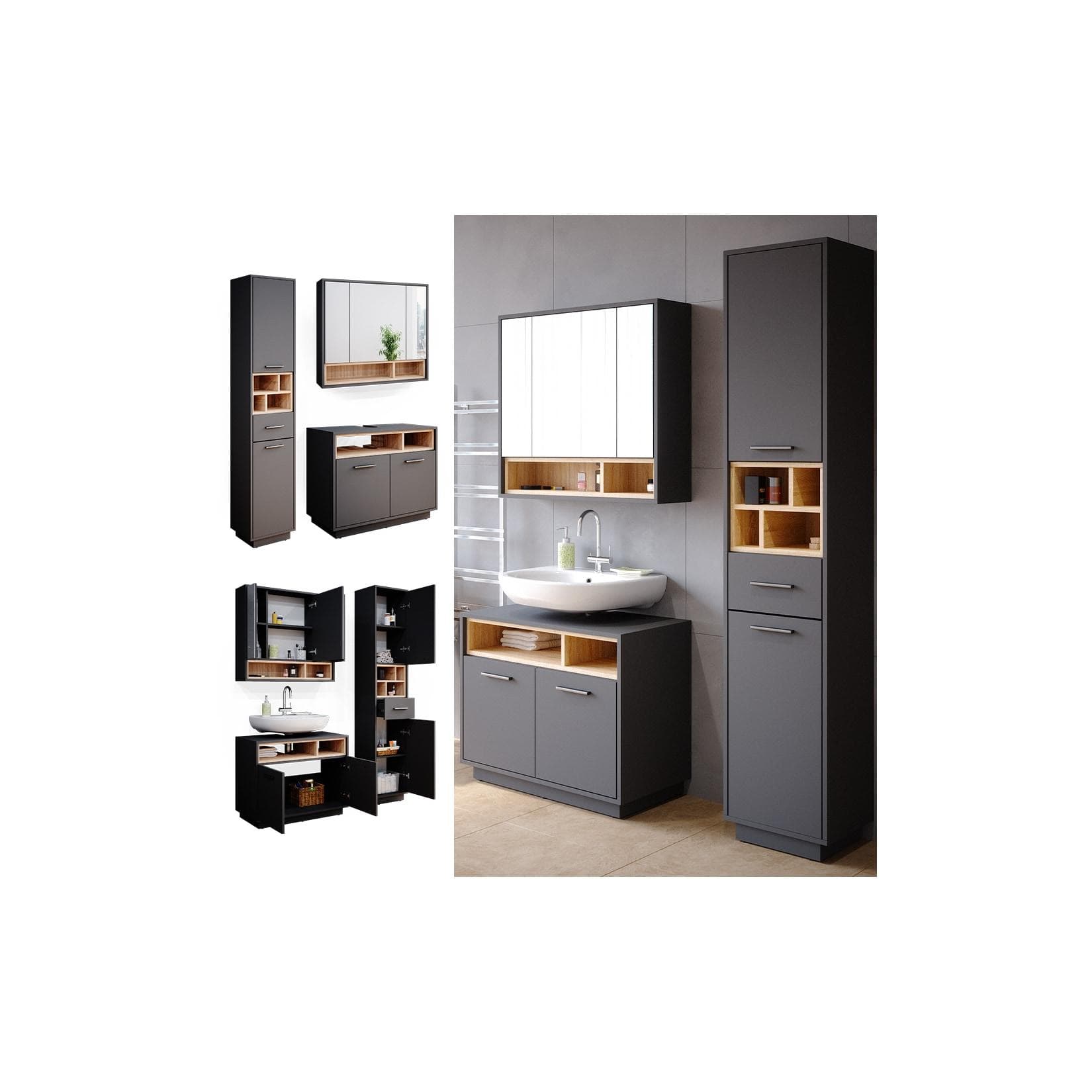 Anthrazit/Sonoma Badmöbel-Set mit Hochschrank 3-teilig