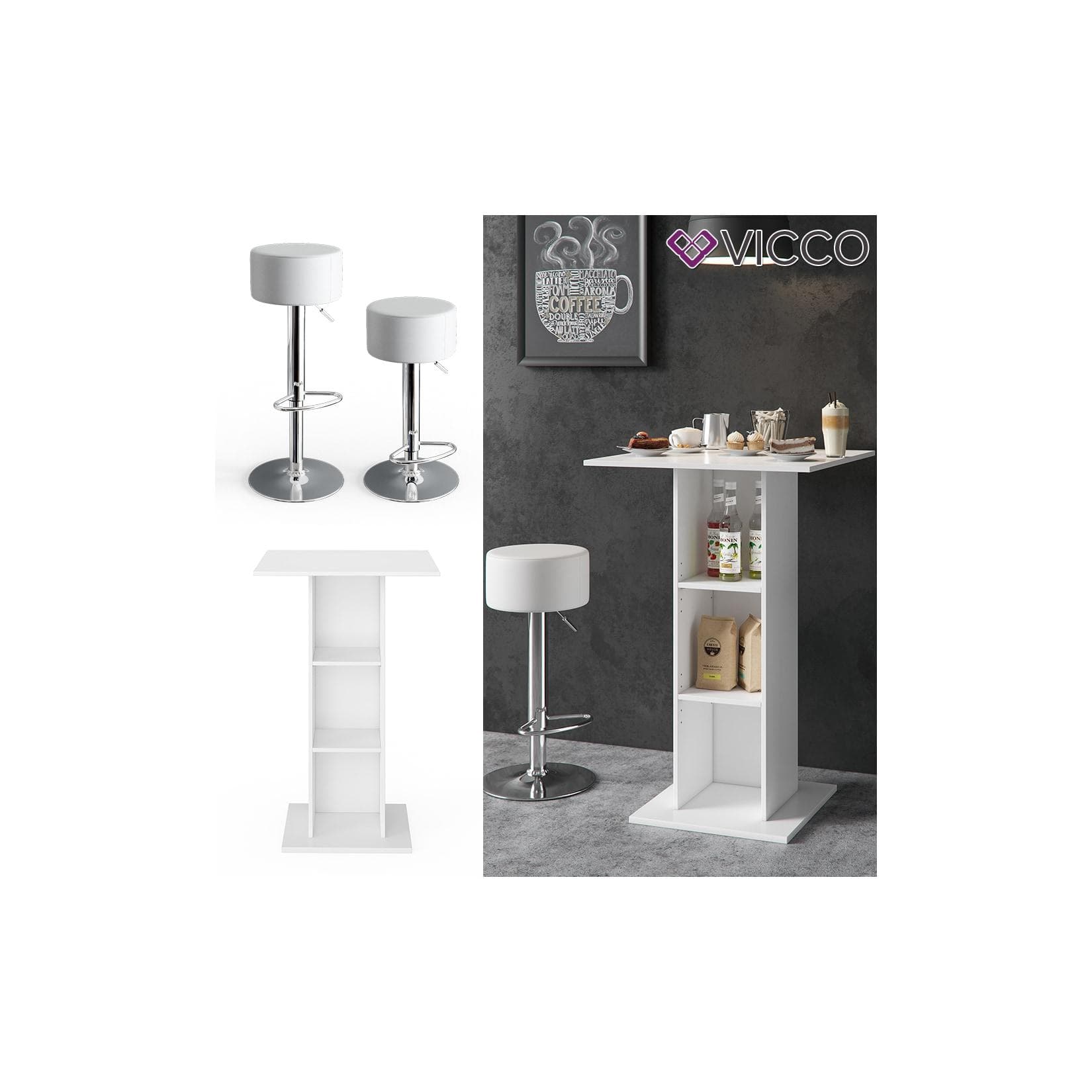 VICCO Bartisch Bar Weiß Beton inkl. Barhocker mit Regal