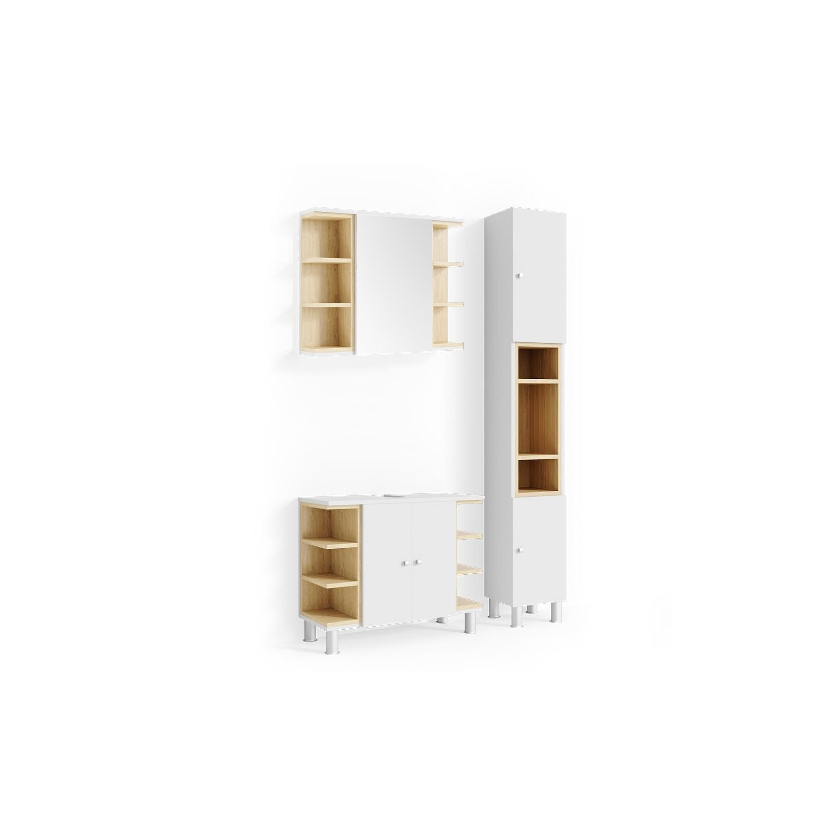 Vicco Badmöbel Set AQUIS Weiß Eiche Waschtisch & Hochschrank mit Spiegel