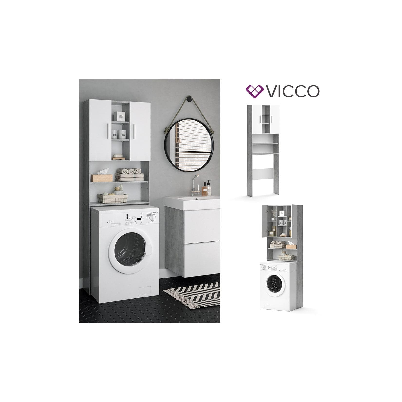 VICCO Waschmaschinenschrank LUIS Weiß Beton Hochschrank