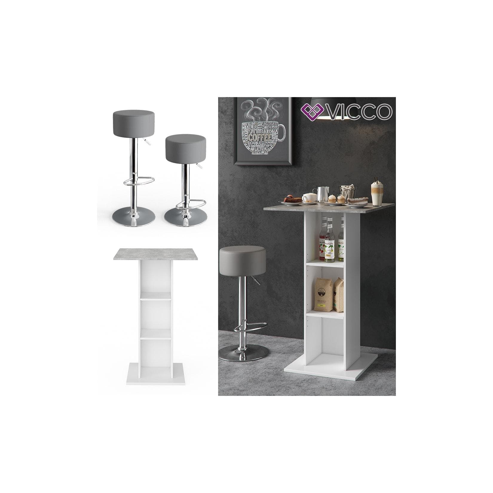 Weißer Beton-Bartisch mit 2 Hockern