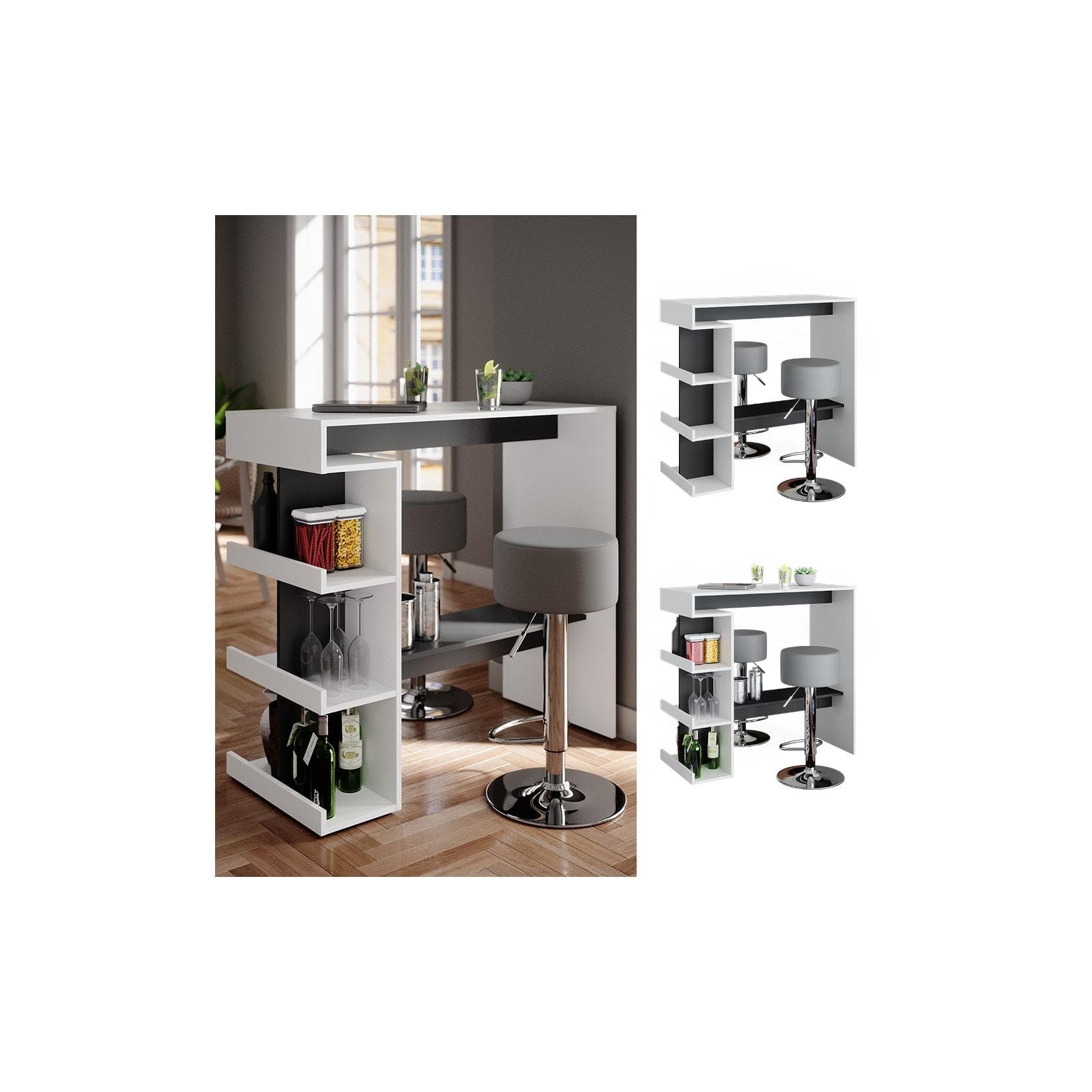 Weißer Bartisch mit Anthrazit-Details und zwei Hocker