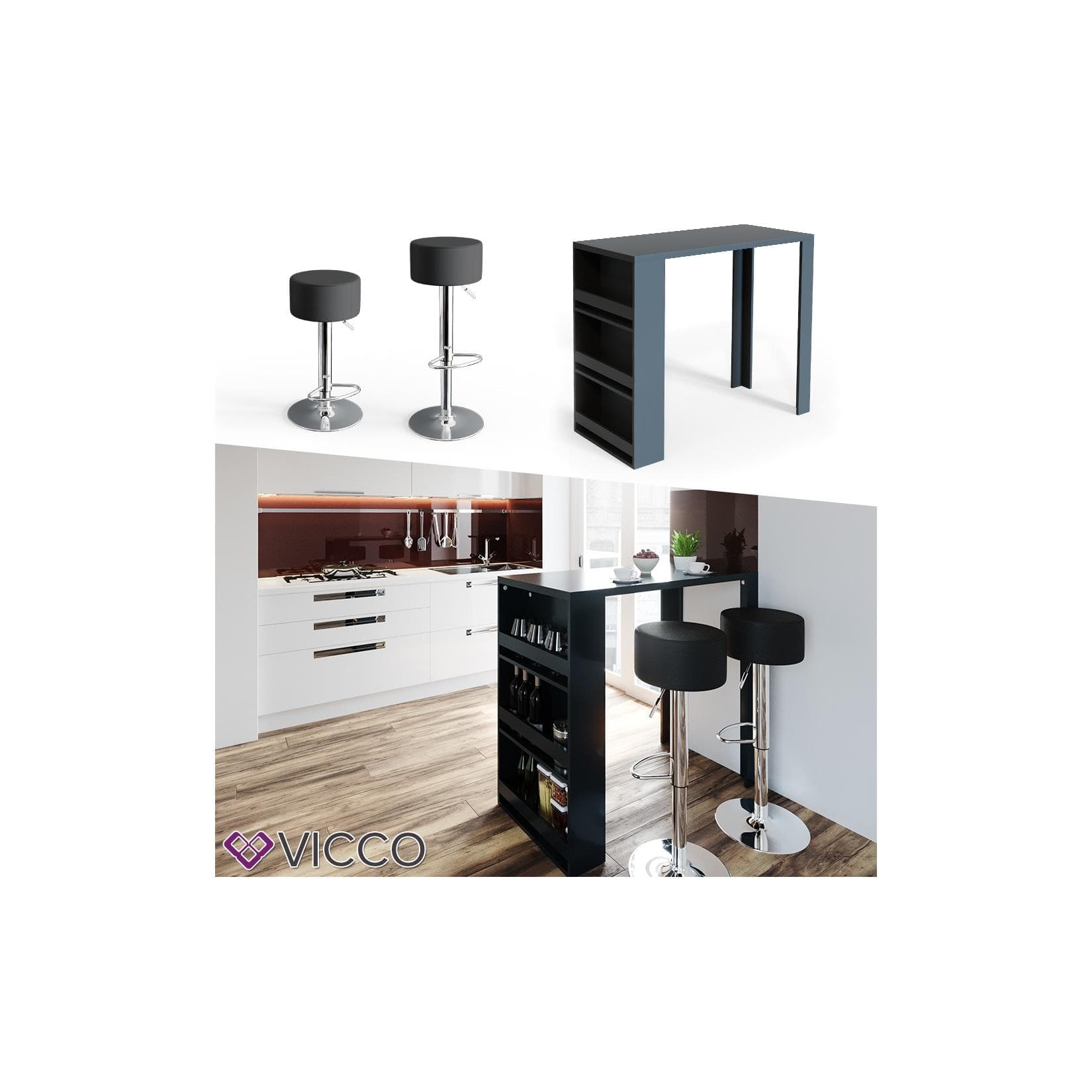 Anthrazit Bartisch Set mit 2 Hockern