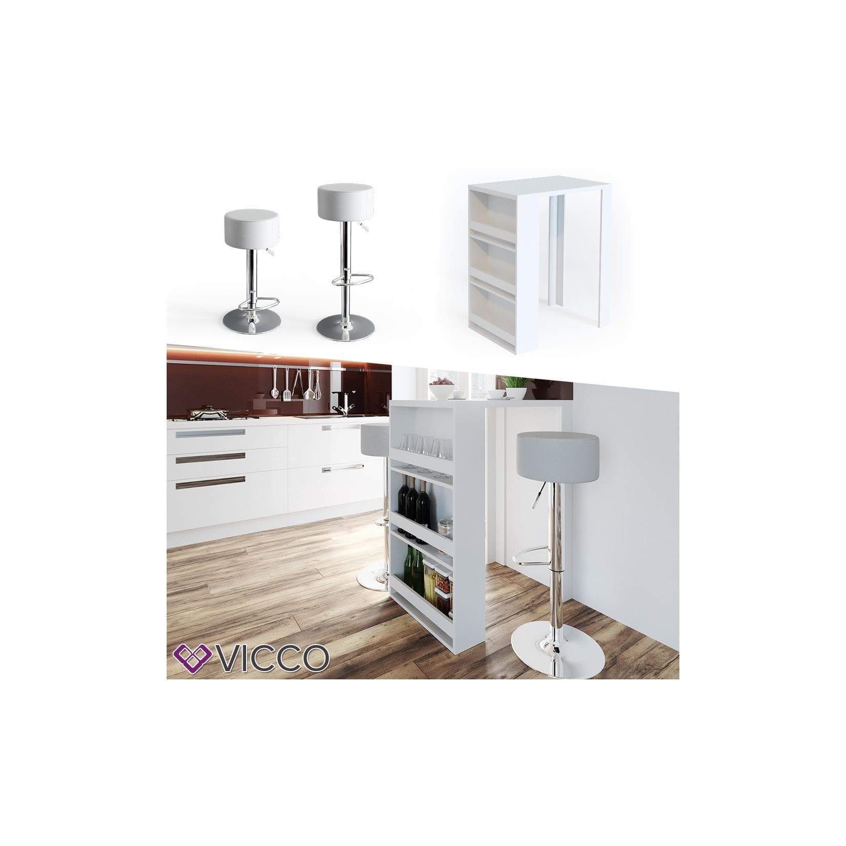 Vicco Bartisch Weiß mit 2 Barhockern - Modernes Küchenmöbel