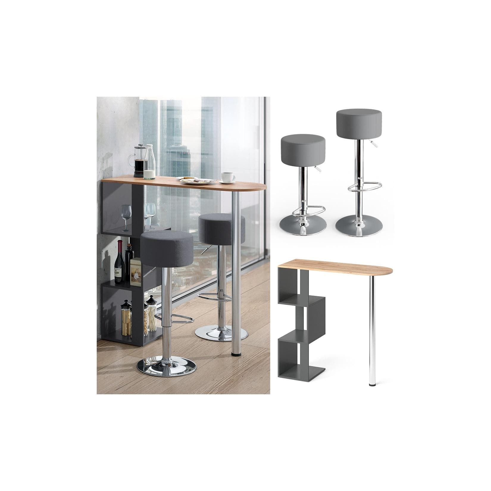 Goldkraft Eiche Bartisch mit Anthrazit-Hockern