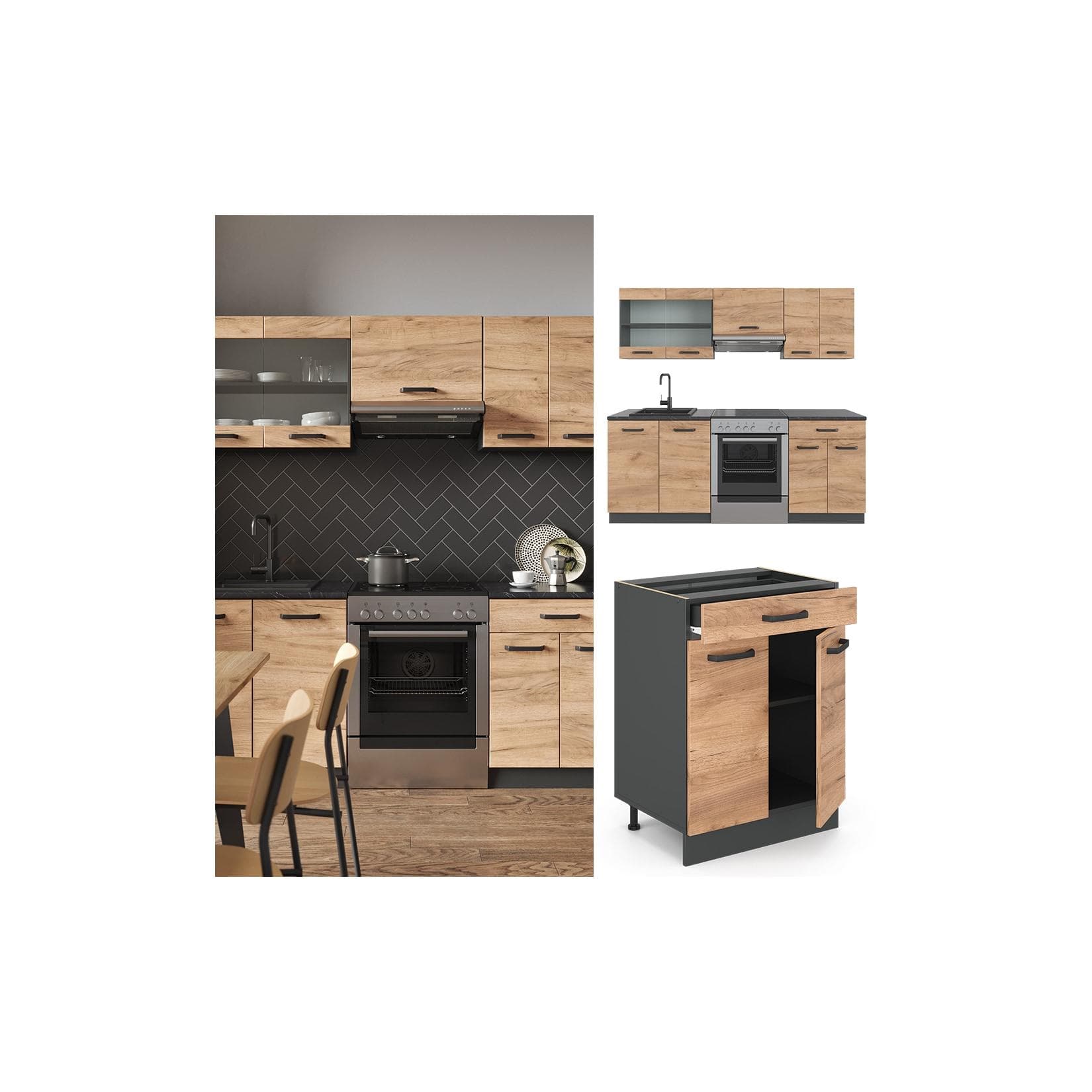 Vicco Küchenzeile R-Line 200cm Einbau Anthrazit Eiche