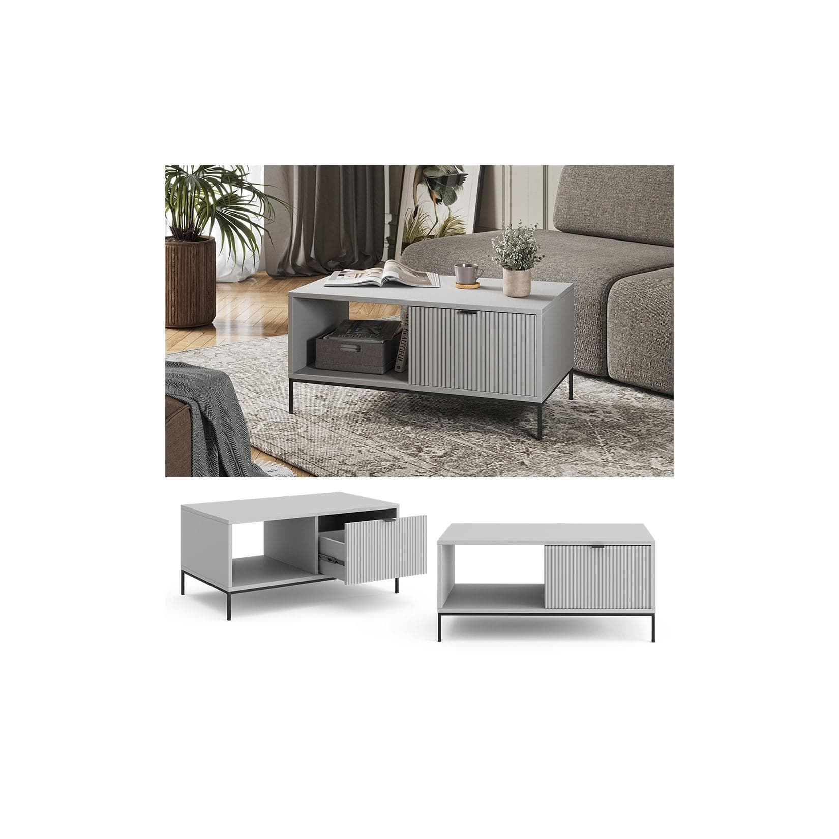 Vicco Couchtisch Eliza Grau Modern mit Schublade