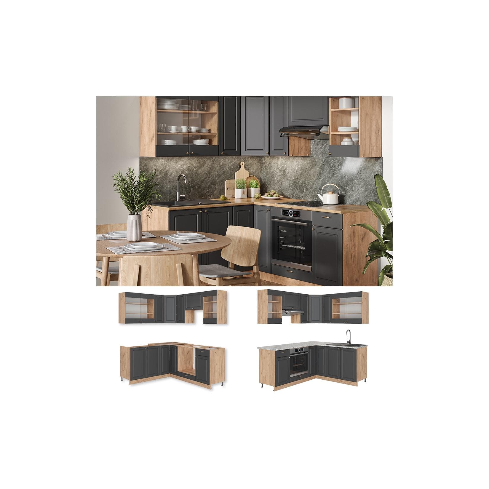 Vicco Eckküche Fame-Line Landhaus Eiche Anthrazit Gold 190 cm