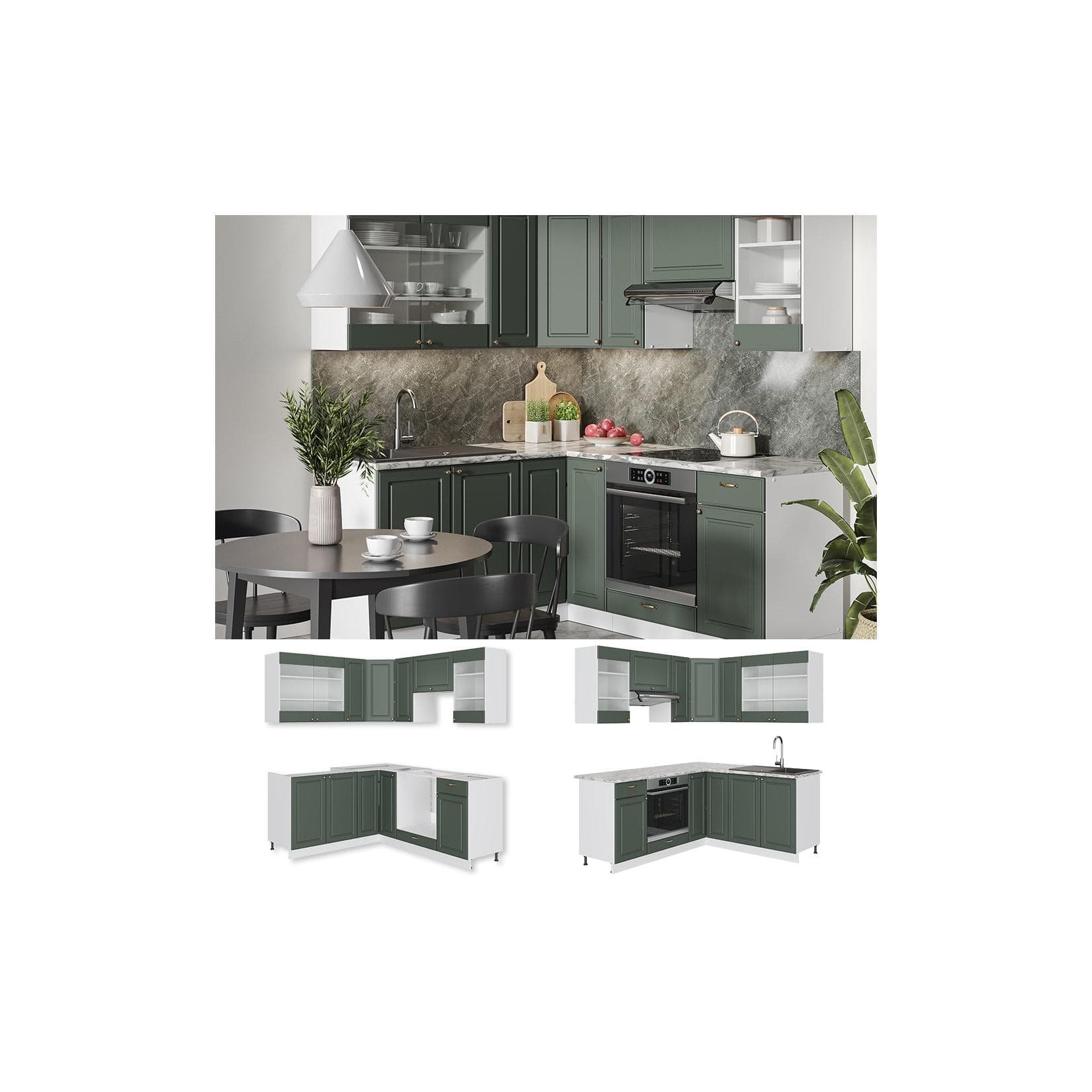 Vicco Eckküche Fame-Line Landhaus Weiß Grün Gold 190 cm