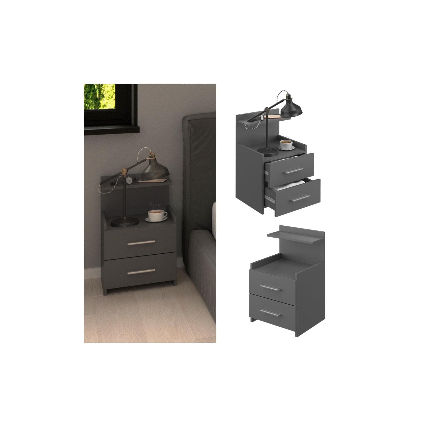 Vicco Nachtschrank Alpin Anthrazit mit 2 Schubladen