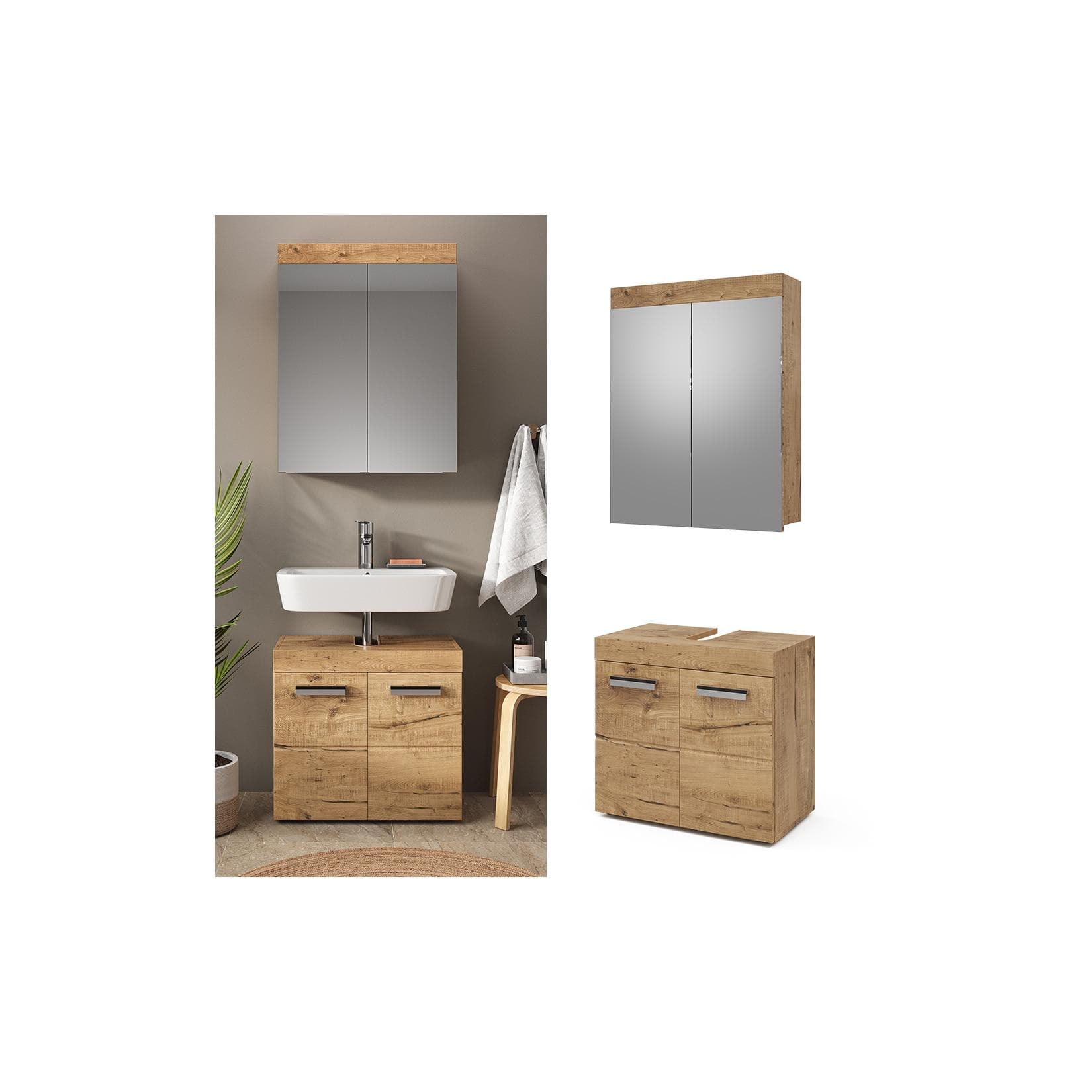 Vicco Badmöbel-Set Luna Eiche Wotan Spiegelschrank + Waschtischunterschrank