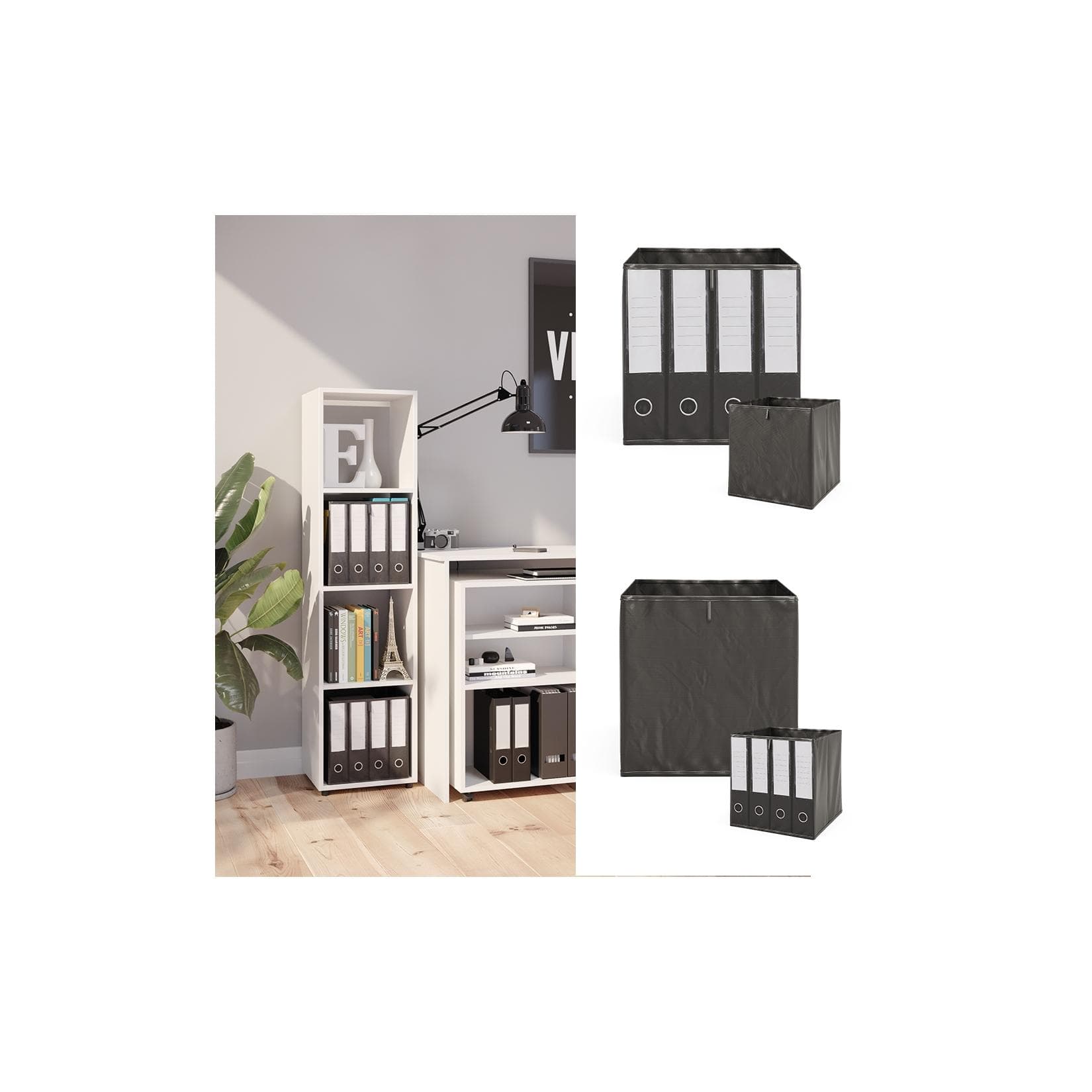 Weißer Raumteiler mit integrierten Faltboxen