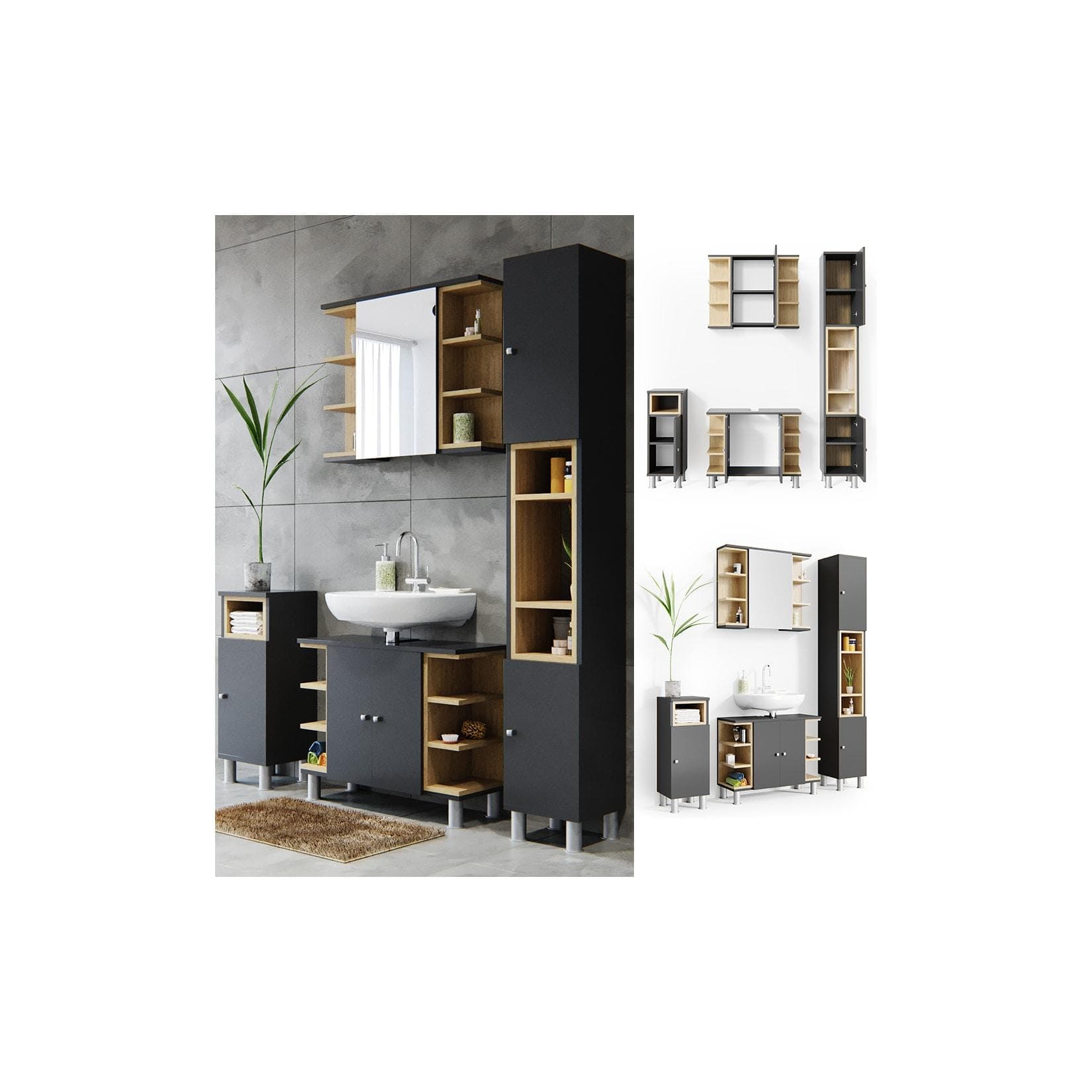 Vicco Badmöbel-Set Aquis: Anthrazit/Eiche, 4 Teile, Badschrank, Spiegelschrank