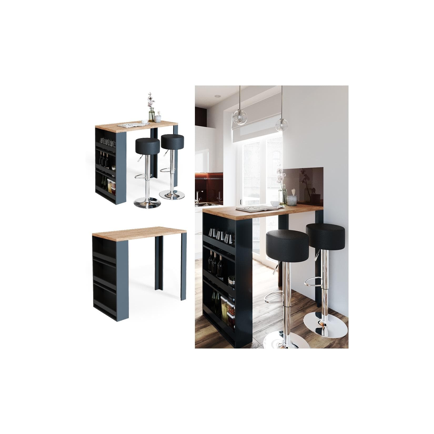 VICCO Bartisch Eiche Anthrazit mit Regal