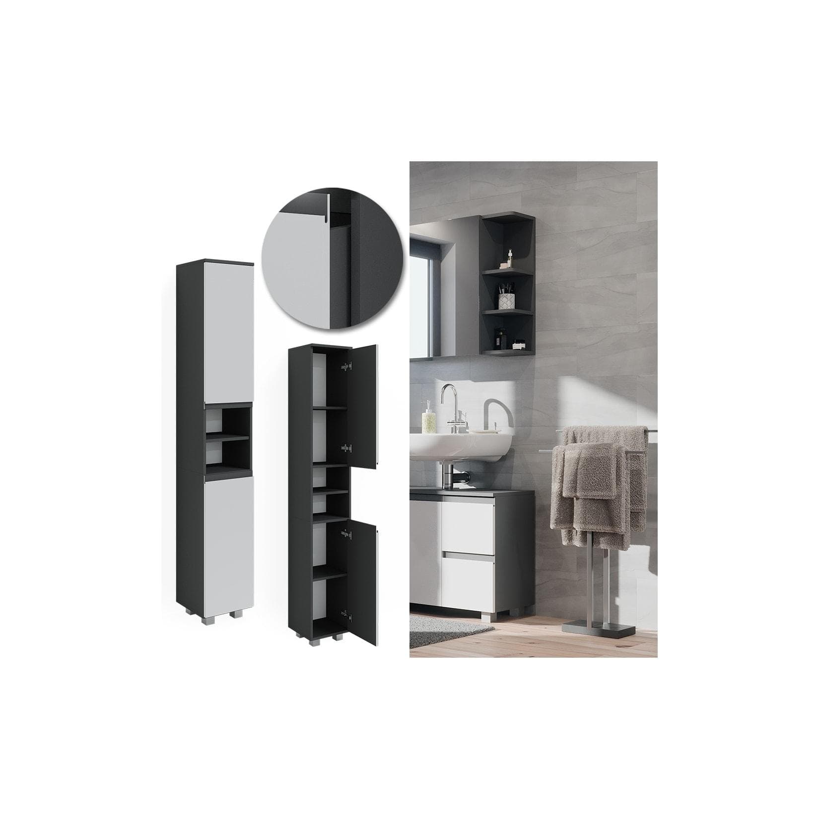 Vicco Hochschrank Badschrank J-Shape Anthrazit Weiß Modern