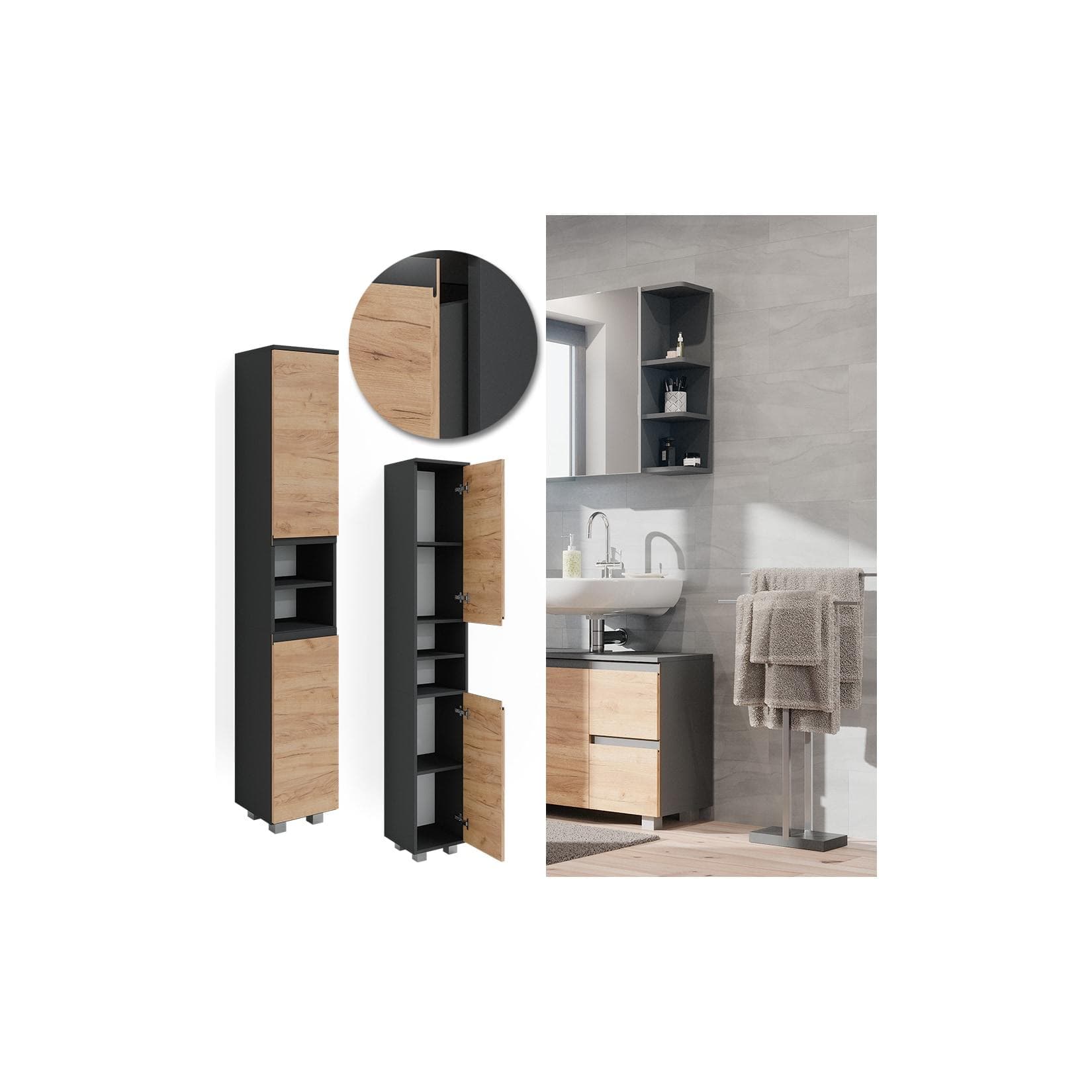 Vicco Hochschrank Badschrank J-Shape Anthrazit Eiche Modern