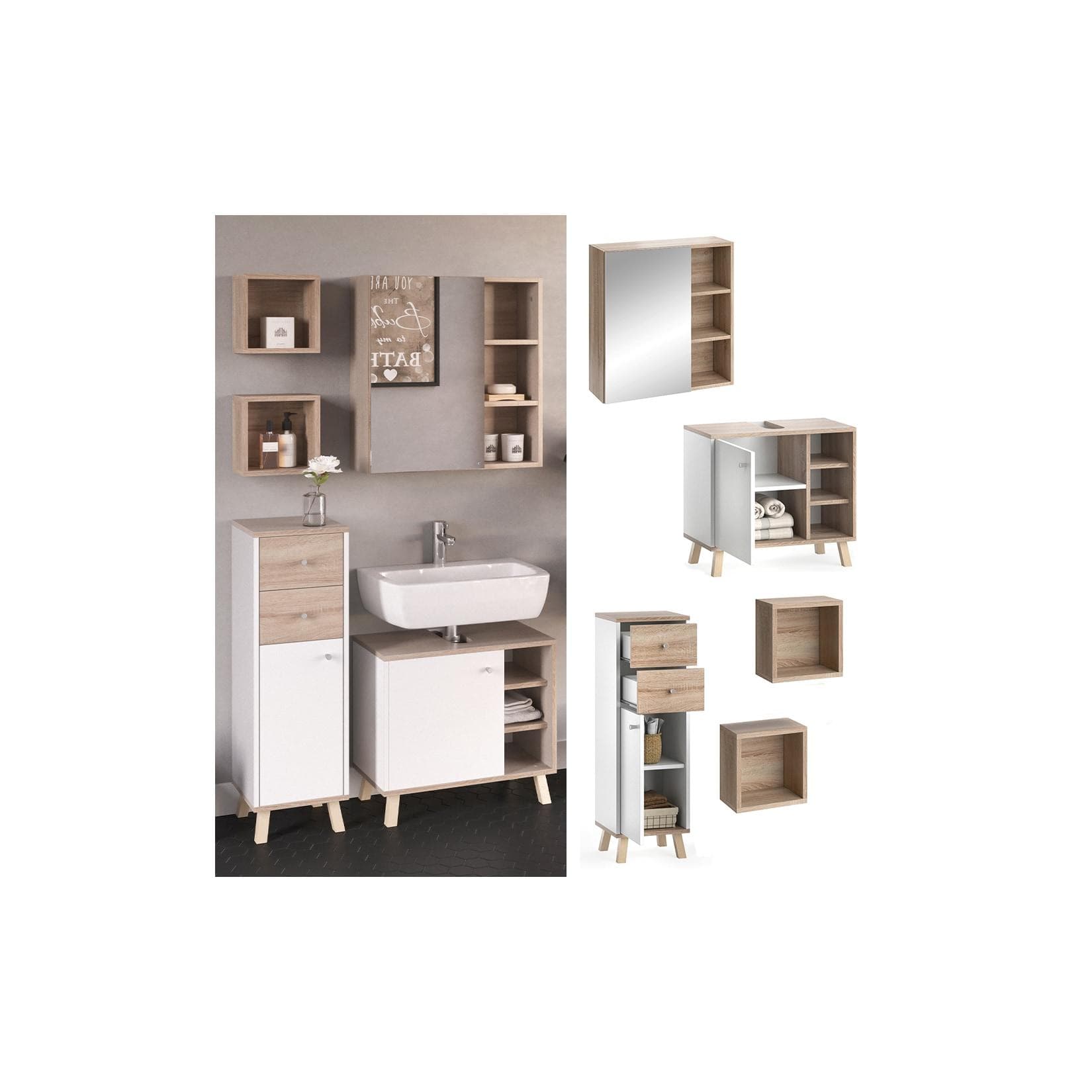 Modernes Badmöbel-Set in Weiß/Sonoma - 4 Teile