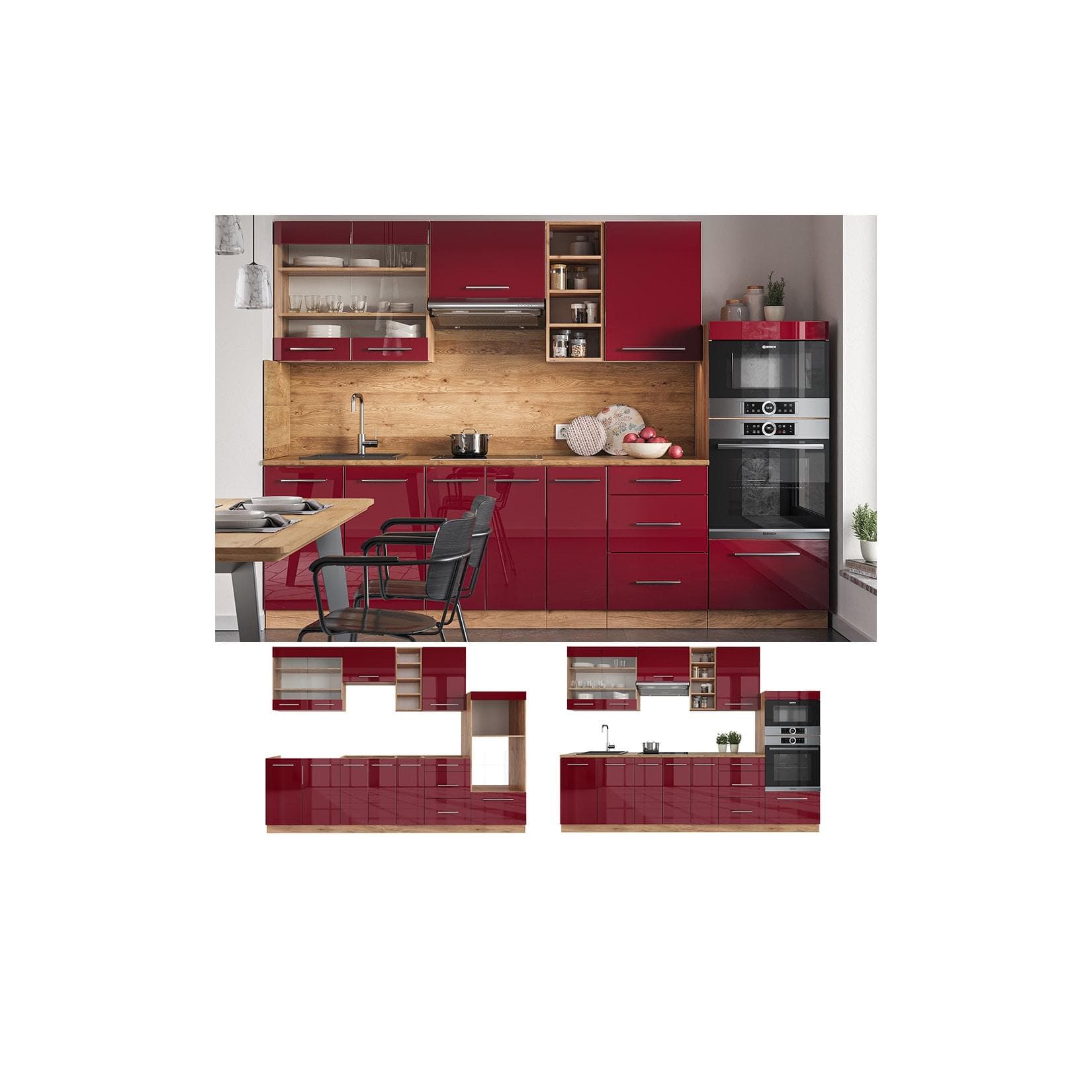 Vicco Küchenzeile Fame-Line Bordeaux Rot Hochglanz 280 cm