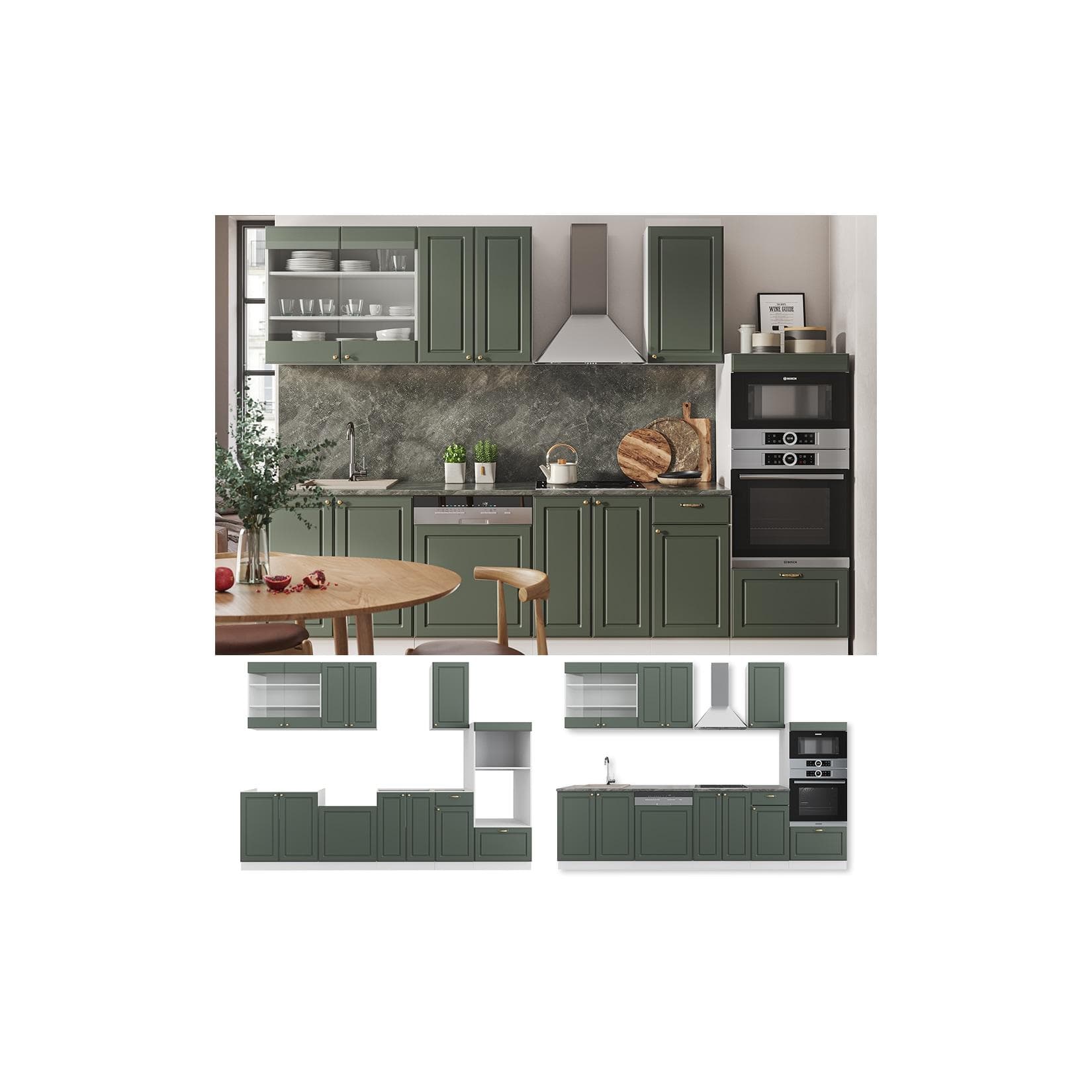 Vicco Küchenzeile Fame-Line Landhaus Weiß Grün Gold 300 cm
