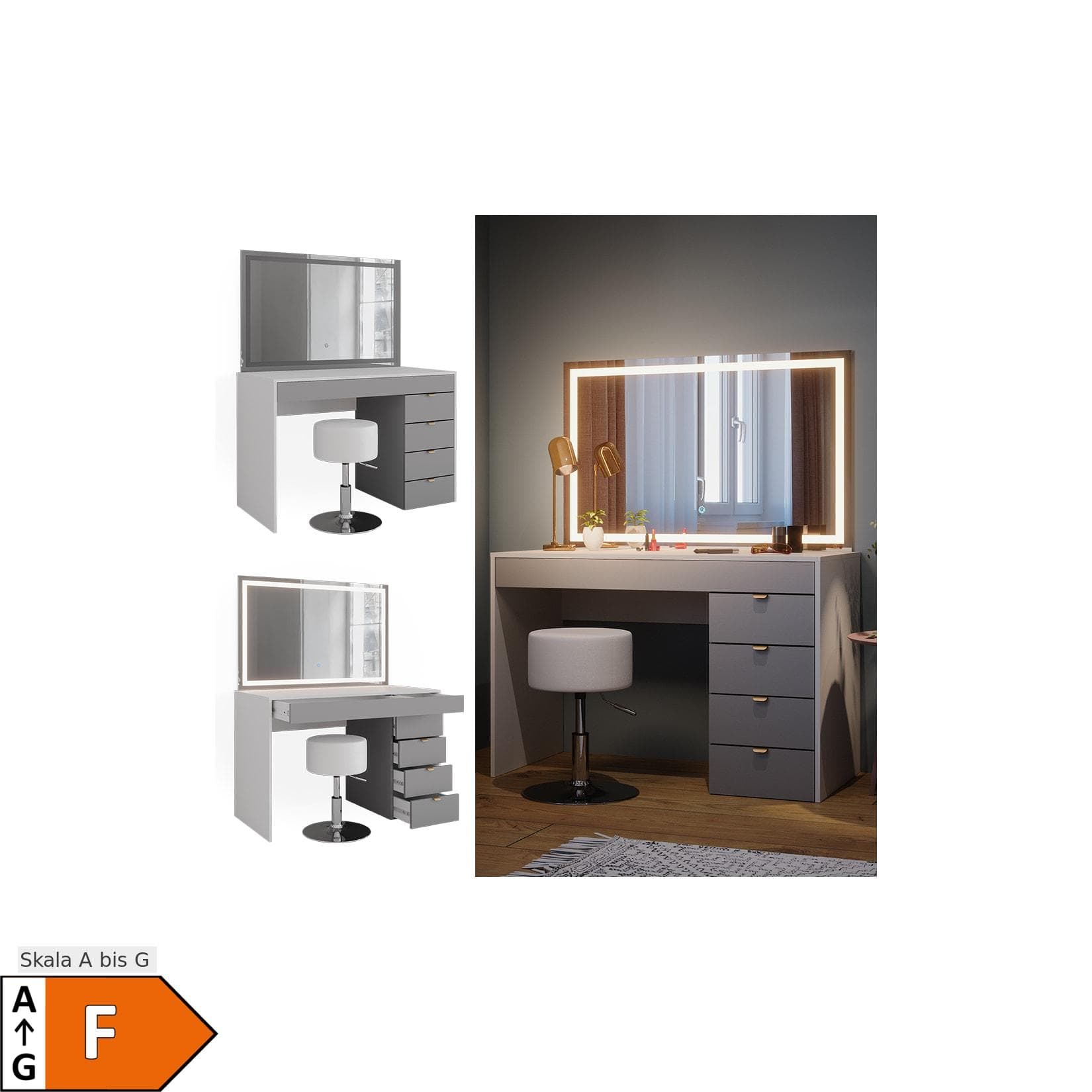 Vicco Schminktisch Elise Weiß Grau mit LED Spiegel und Hocker