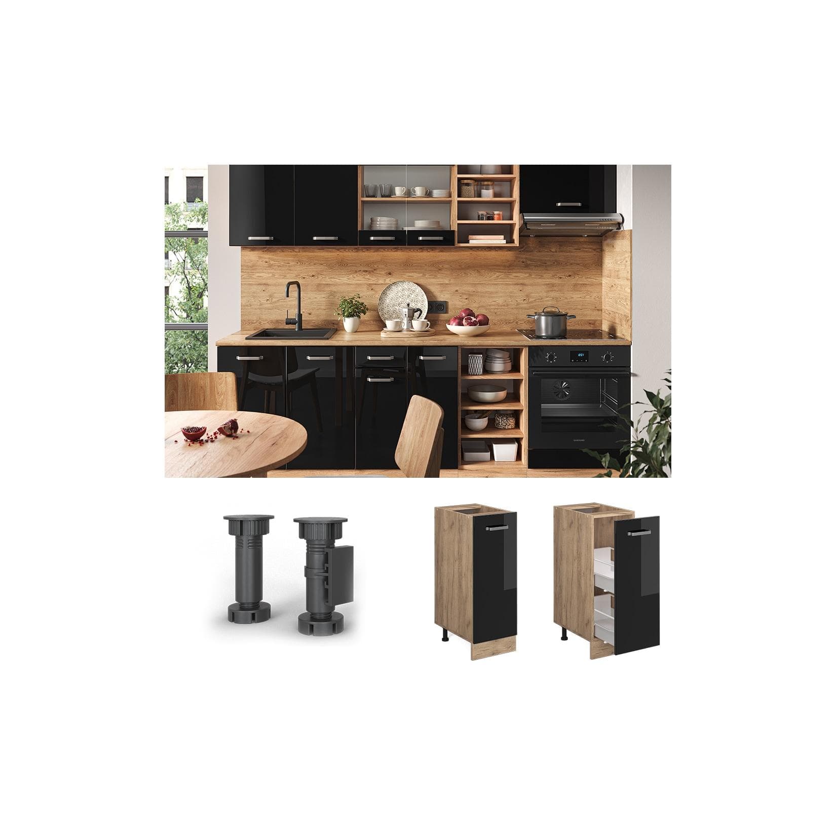 Vicco Apothekerunterschrank Küchenschrank R-Line Eiche Schwarz 30 cm