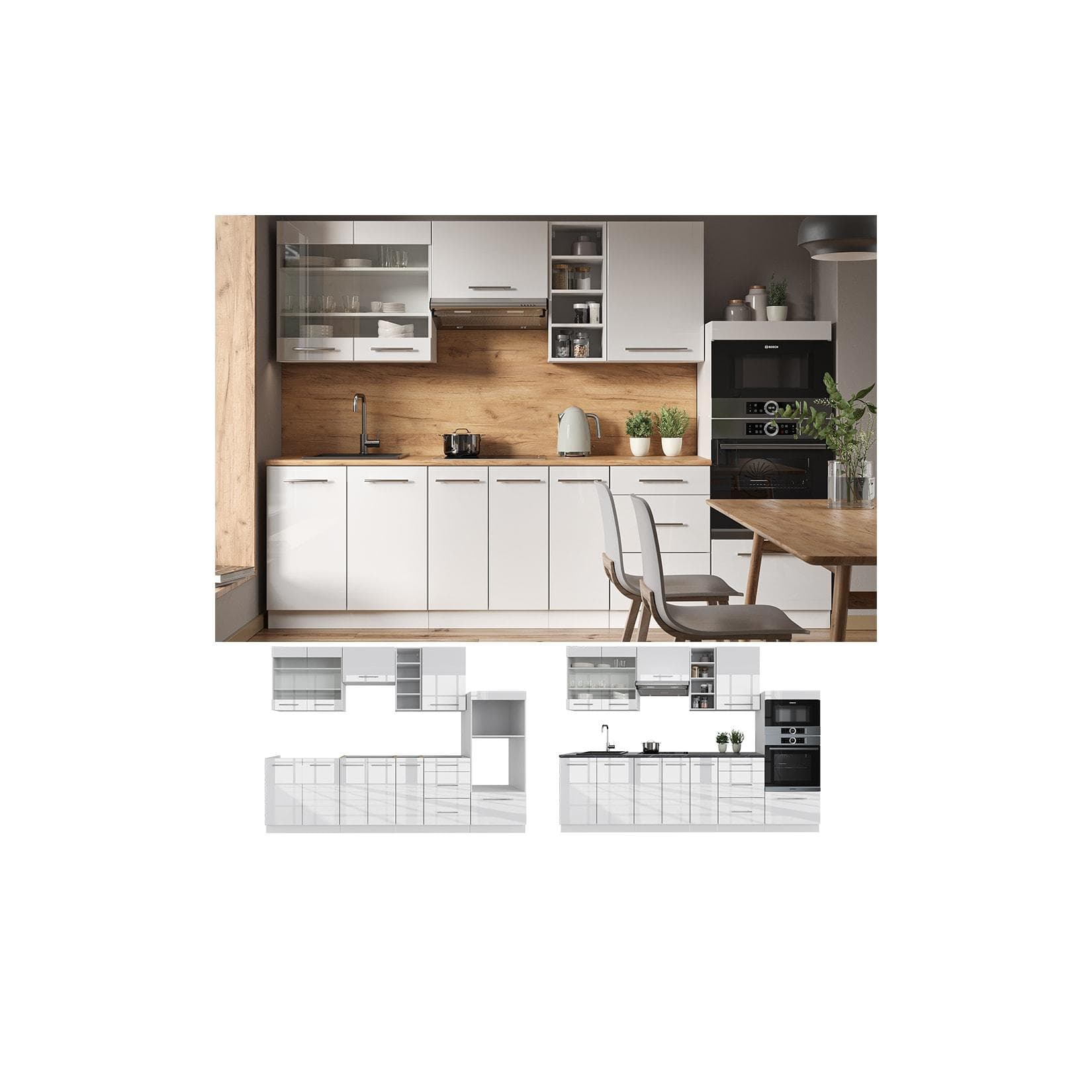 Hochglanz Küchenzeile Weiß 280 cm  ohne Platte