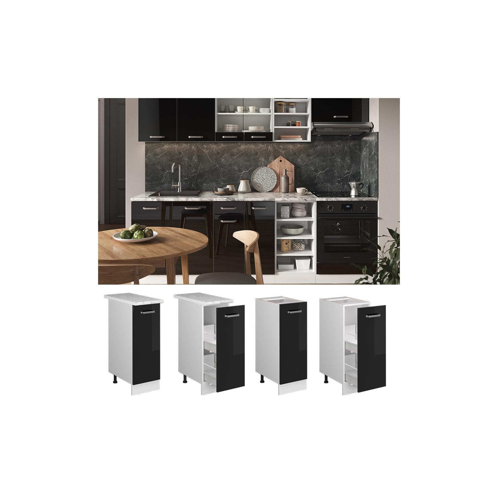 Hochglanz-Apothekerschrank Schwarz/Weiß mit Marmoreffekt