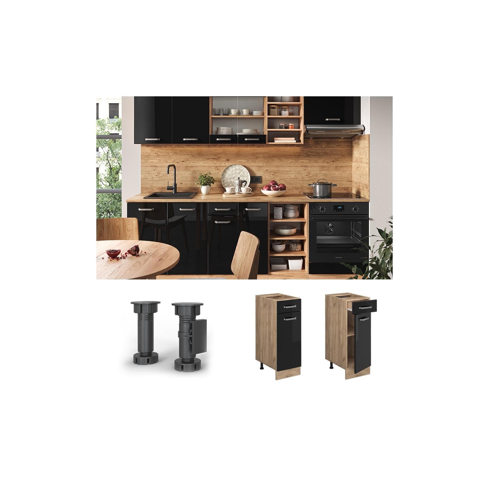 Vicco Schubunterschrank Küchenschrank R-Line Eiche Schwarz Modern