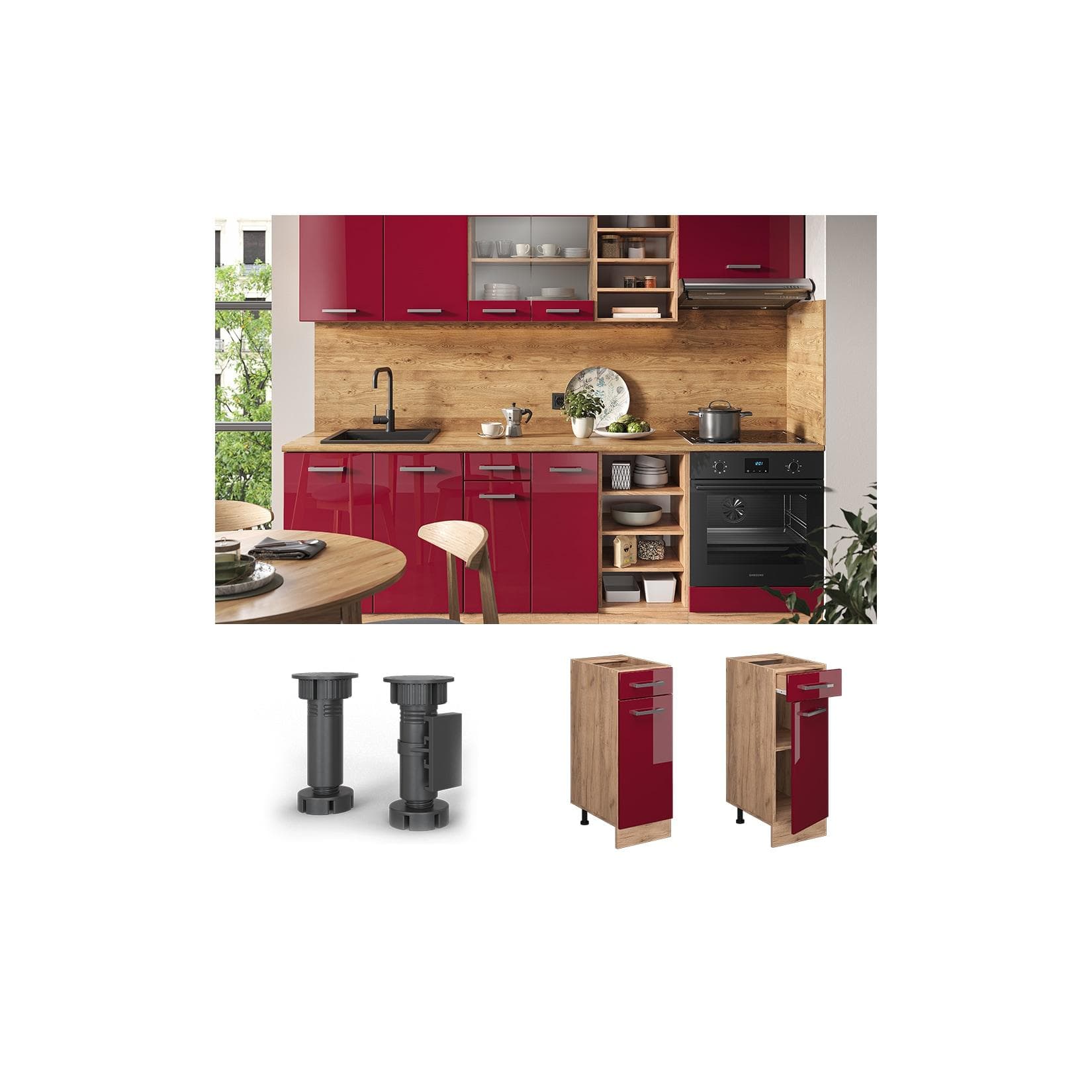 Vicco Schubunterschrank Küchenschrank R-Line Eiche Bordeaux Tür Schublade