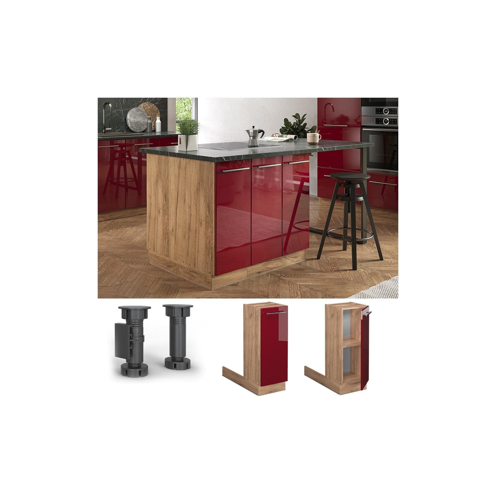 Vicco Regalinselunterschrank 30 cm Eiche Bordeaux Rot Hochglanz