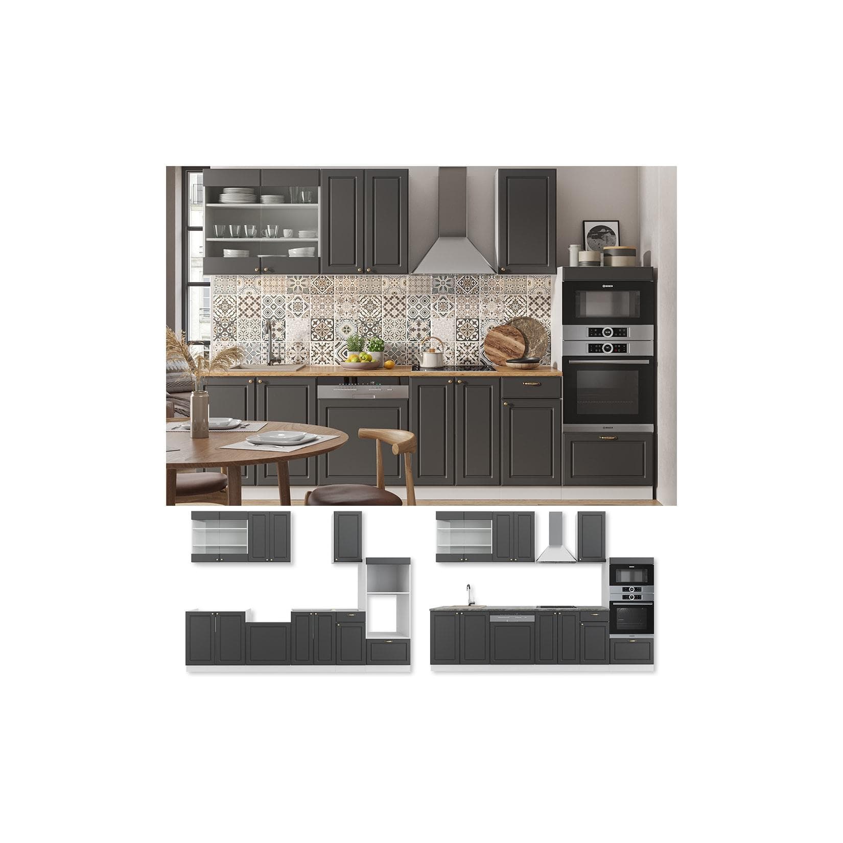 Vicco Küchenzeile Landhaus Weiß Anthrazit Gold 300 cm