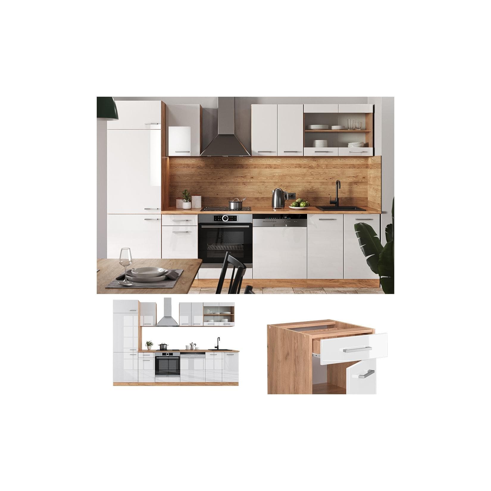 Vicco Küchenzeile R-Line 300cm Einbauküche Weiß mit Kühlumbauschrank