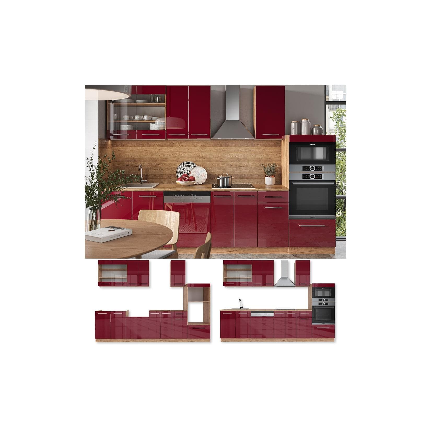 Vicco Küchenzeile Fame-Line 300 cm Hochglanz Eiche Bordeaux Rot