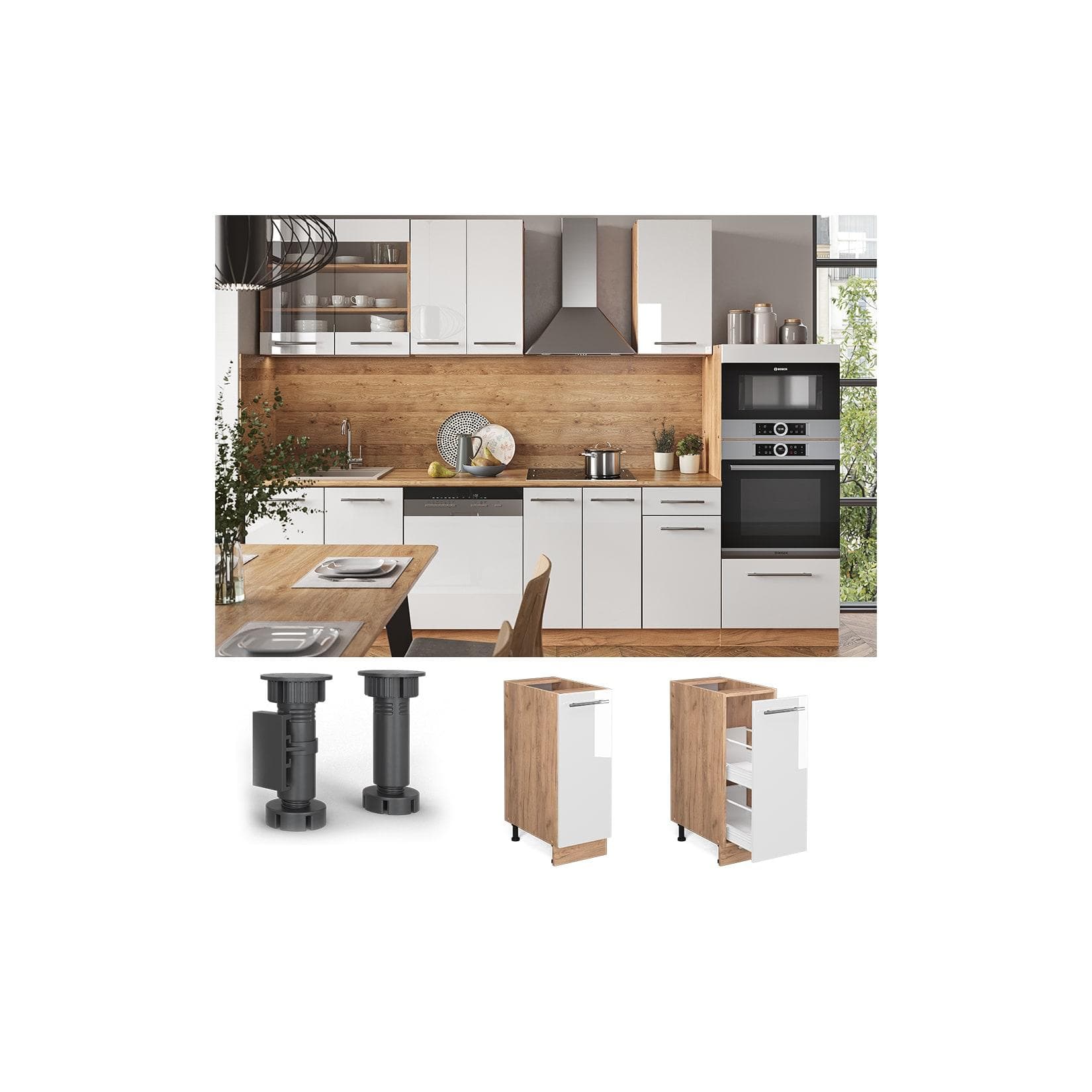 Hochglanz Apothekerschrank Weiß mit Goldkraft Eiche Optik