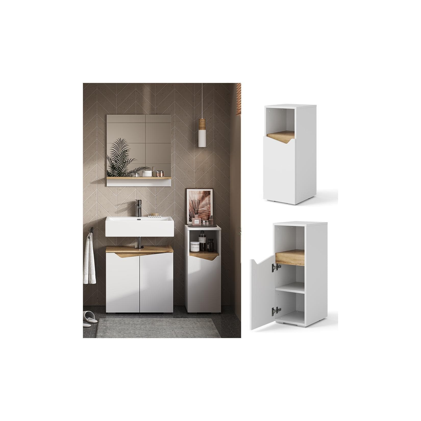 Weißer Midischrank mit Artisan-Eiche Dekor, Tür und offenem Fach