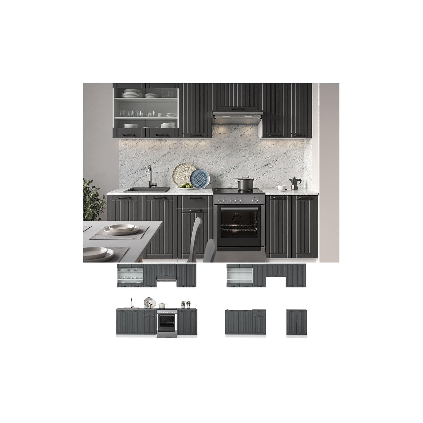 Vicco Küche Fame-Line 240 cm Küchenzeile Einbau Anthrazit Landhausstil