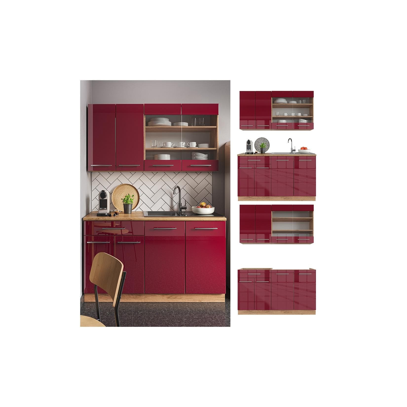 Vicco Küchenzeile Fame-Line Single Eiche Rot Bordeaux Hochglanz 140 cm