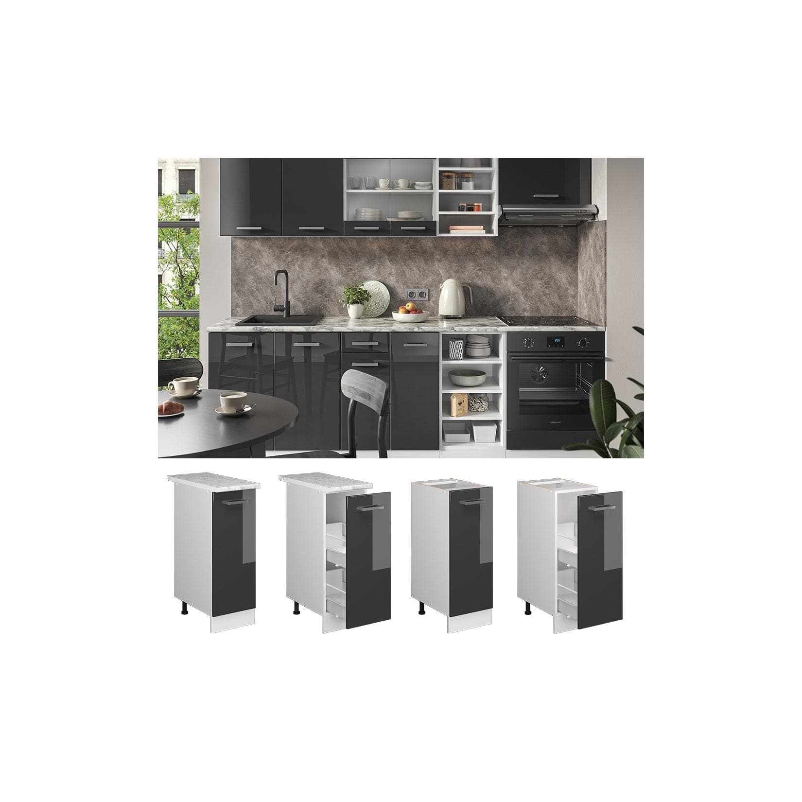 Hochglanz-Apothekerschrank Anthrazit/Weiß mit Marmoroptik