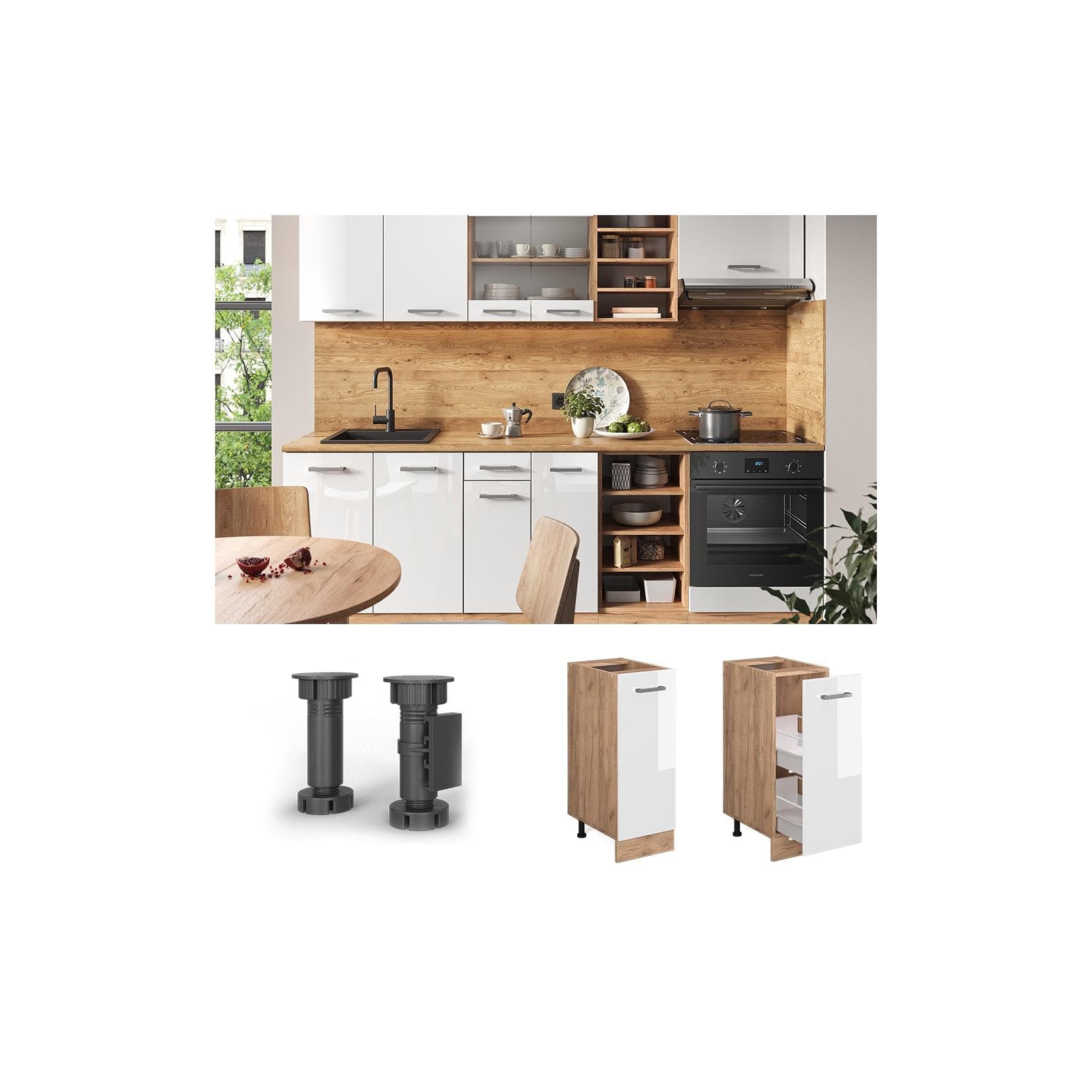 Hochglanz-Apothekerschrank in Weiß/Goldkraft Eiche