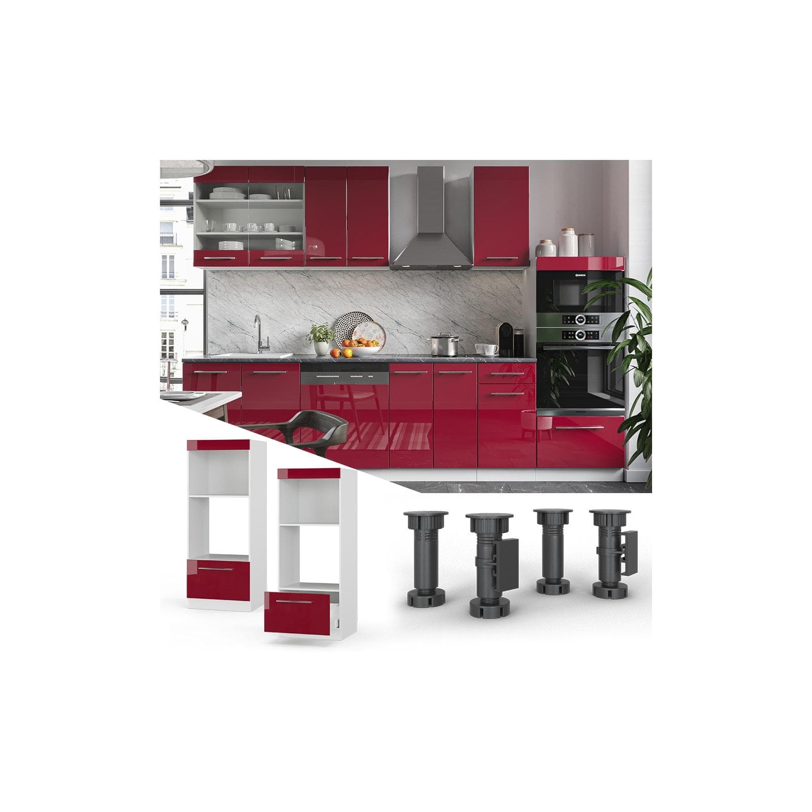 Vicco Mikrowellenumbauschrank Weiß/Rot Hochglanz 60 cm Fame-Line