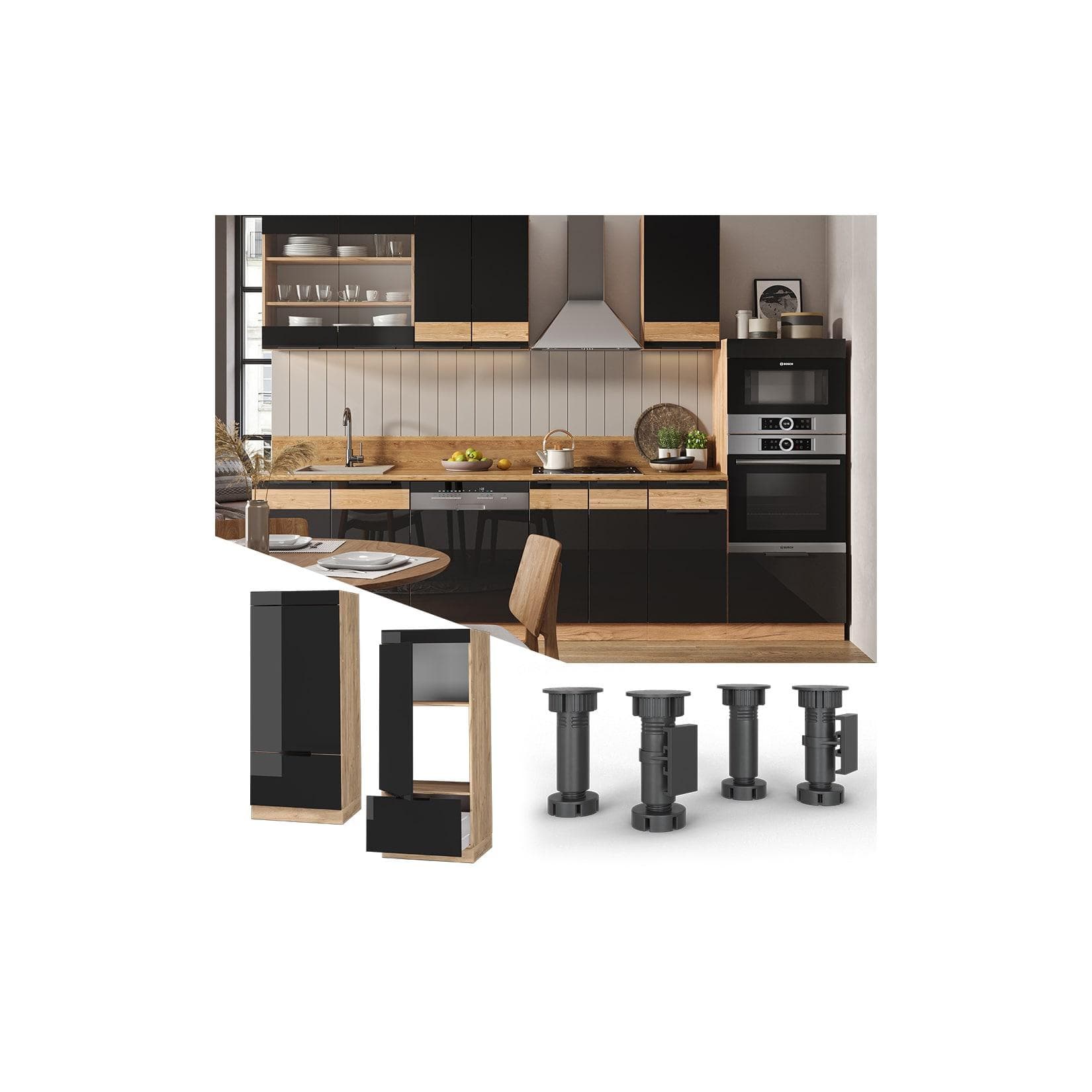 Vicco Mikrowellenschrank Fame-Line Eiche Schwarz Modern Hochglanz