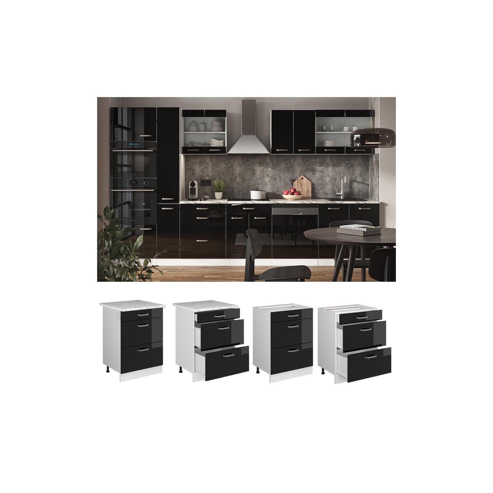 VICCO Schubladenunterschrank Küchenschrank R-Line Weiß Schwarz 60 cm