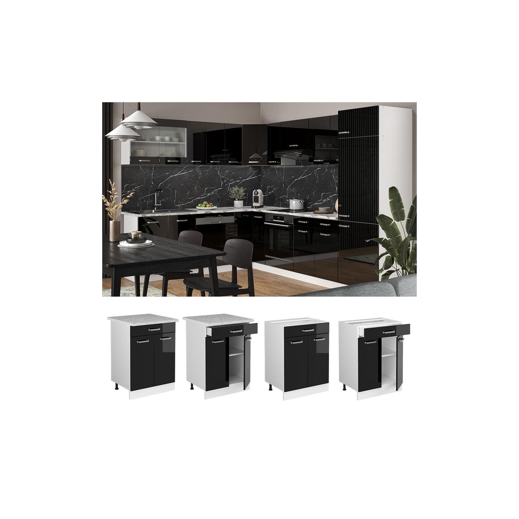 Vicco Schubunterschrank Küchenschrank R-Line Weiß Schwarz Modern