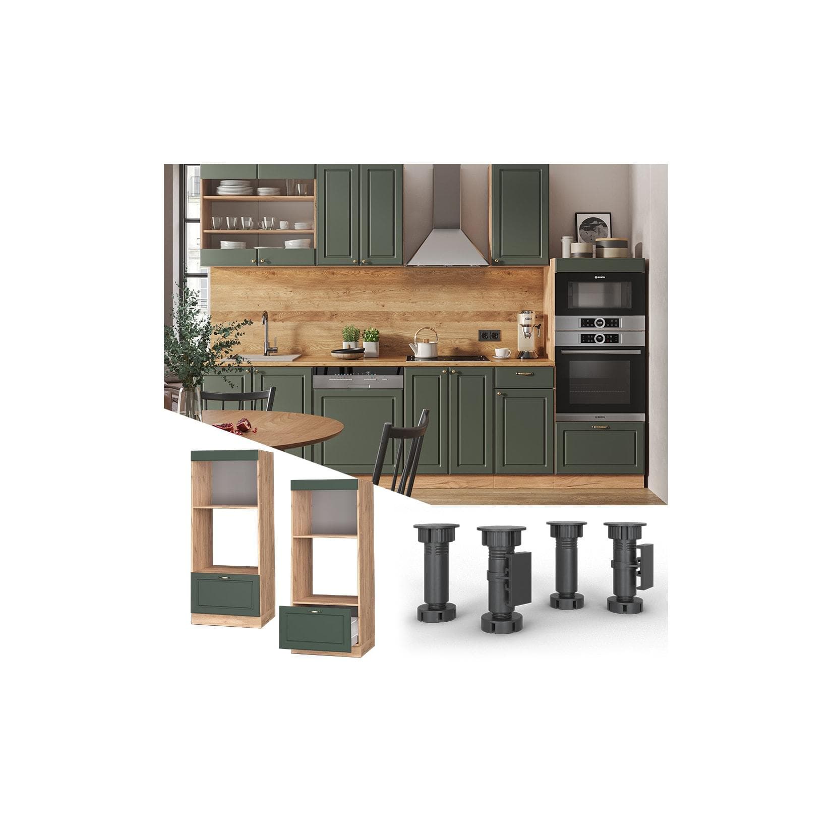 Grünes Mikrowellenmöbel mit Gold-Akzenten im Landhausstil