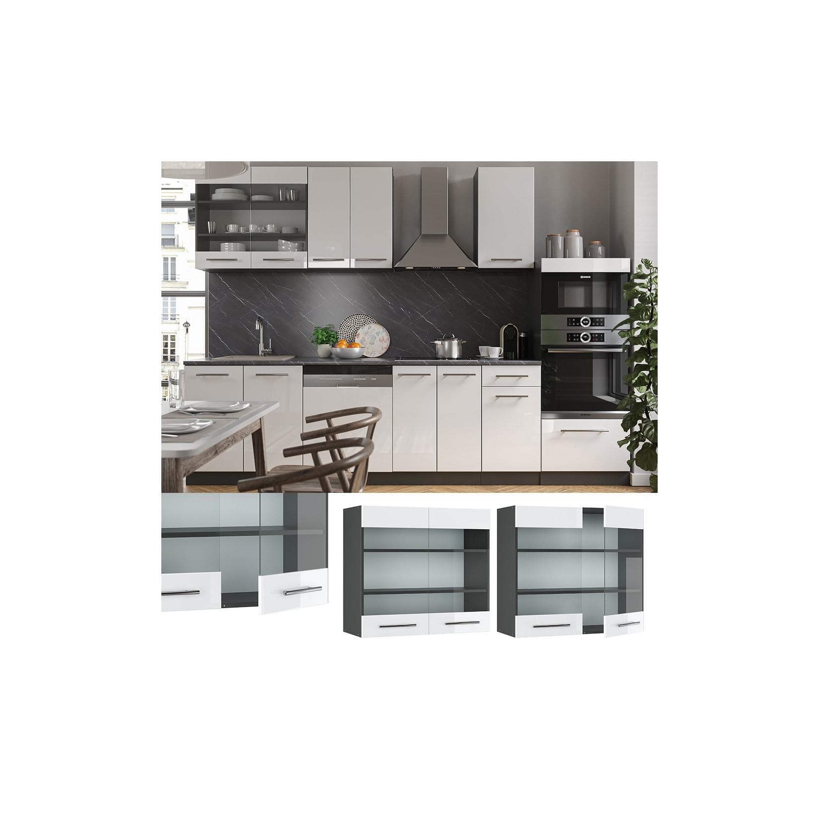 Vicco Hängeglasschrank Fame-Line Weiß Hochglanz Anthrazit 80 cm